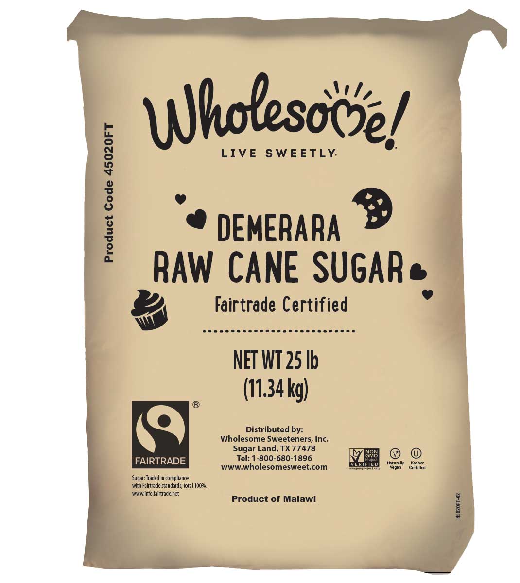 Wholesome Fair Trade Certified Demerara Sugar, 25 Pound