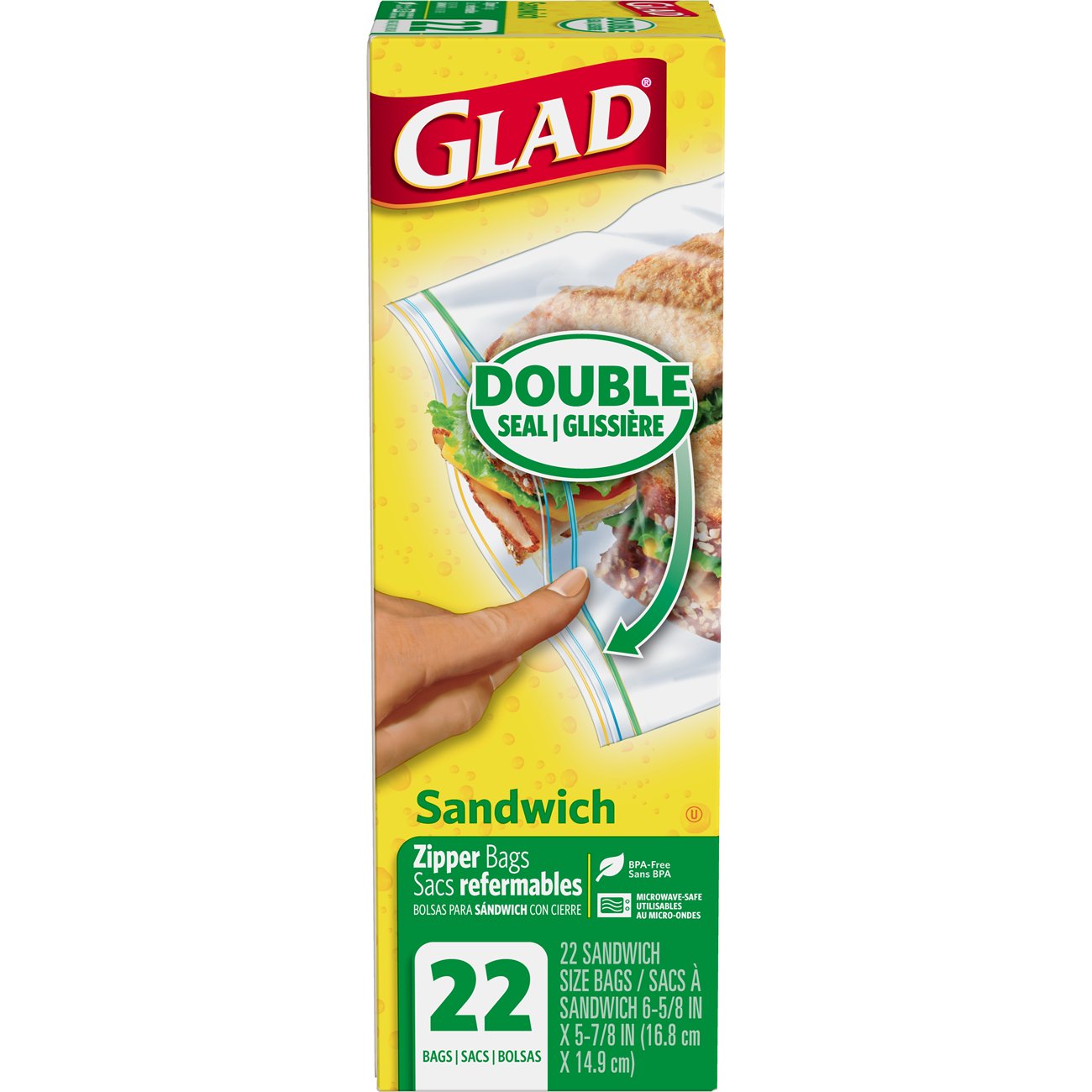 Glad Food Storage Sandwich Zipper Bag 22 count per pack 12 per case