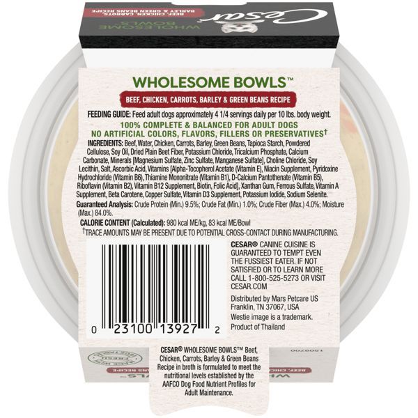 Cesar Wholesome Bowls Alimento Húmedo Para Perros Adultos Receta De Res, Pollo, Zanahoria, Cebada Y Ejotes, 3 Onzas -- 10 Por Caja