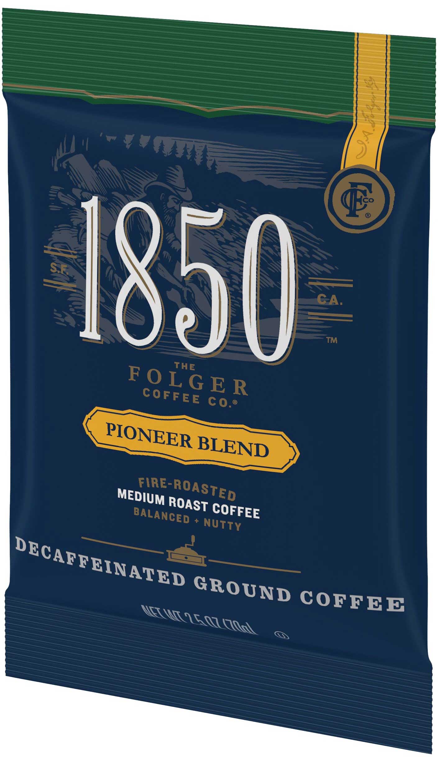 Folgers 1850 Pioneer Blend Medium Roast Decaffeinated Ground Coffee, 2.5 Ounce -- 24 Per Case
