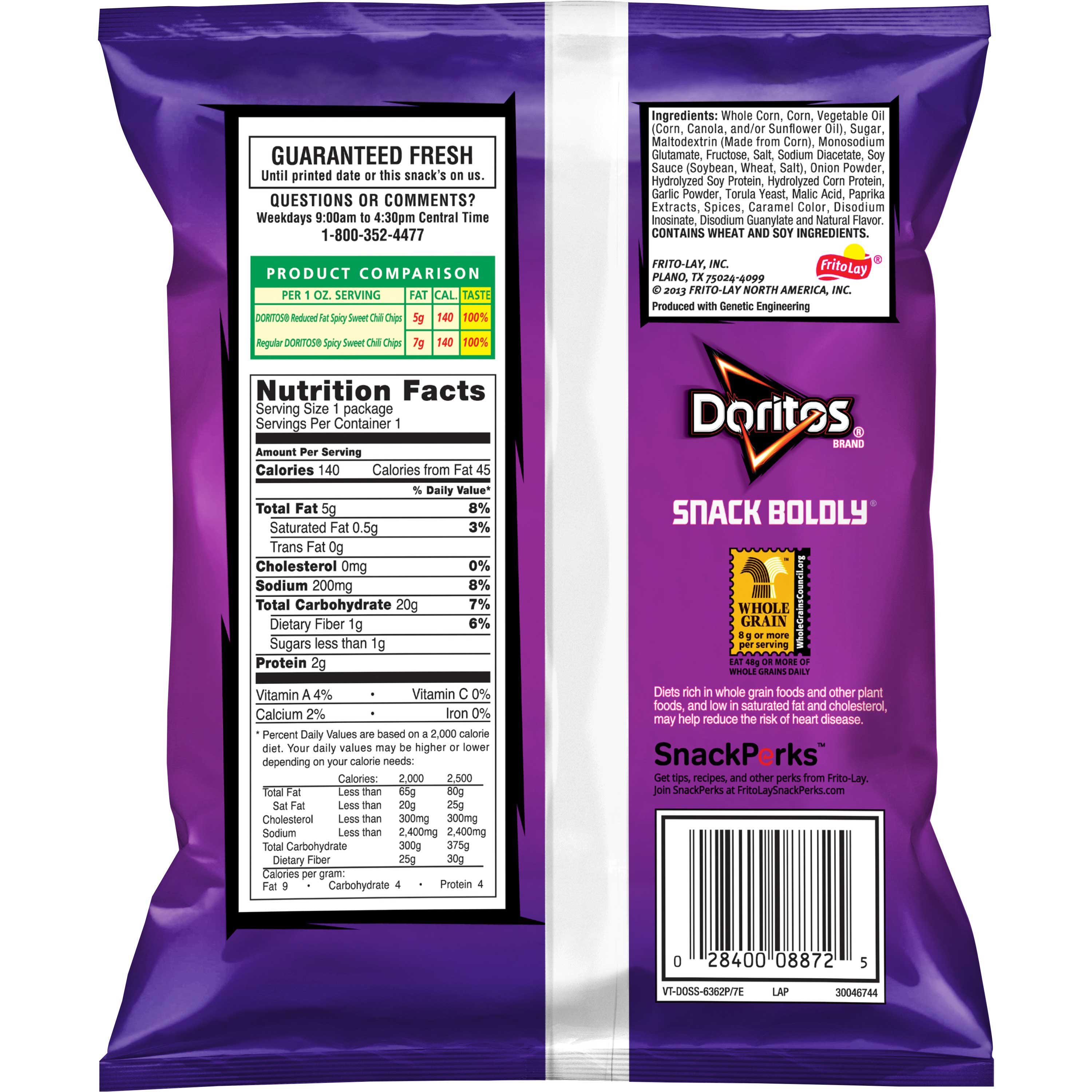 Doritos Whole Grain Reduced Fat Spicy Sweet Chili Tortilla Chips, 1 Ounce -- 72 Per Case