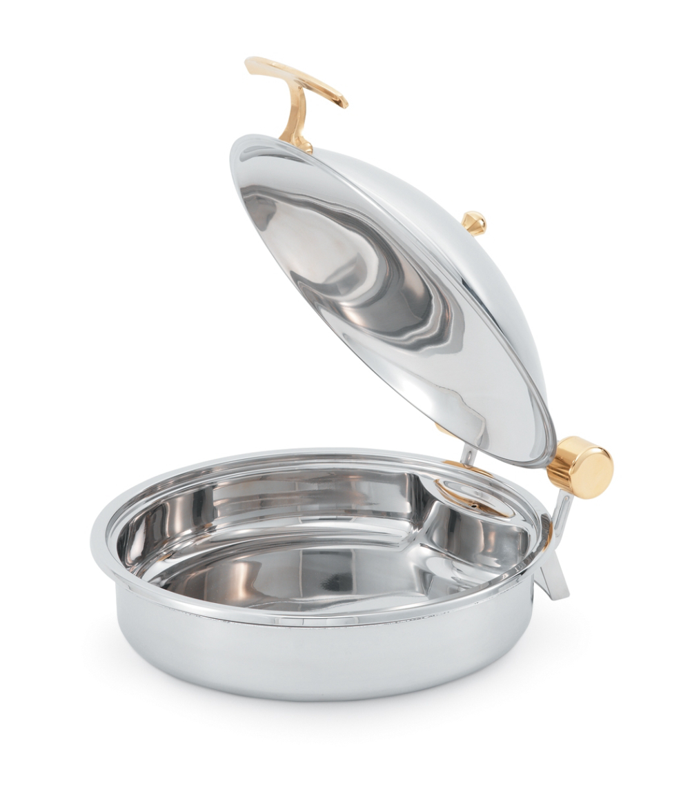 Vollrath Intrigue Round Solid Top Induction Chafer With Brass Trim And Stainless Steel Food Pan -- 4 Per Case