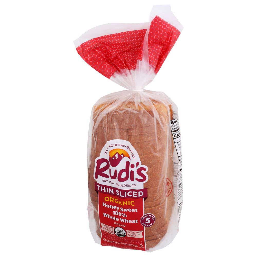 Rudi's Organic Thin Sliced Honey Sweet 100 Percent Whole Wheat Bread, 18 Ounce -- 8 Per Case