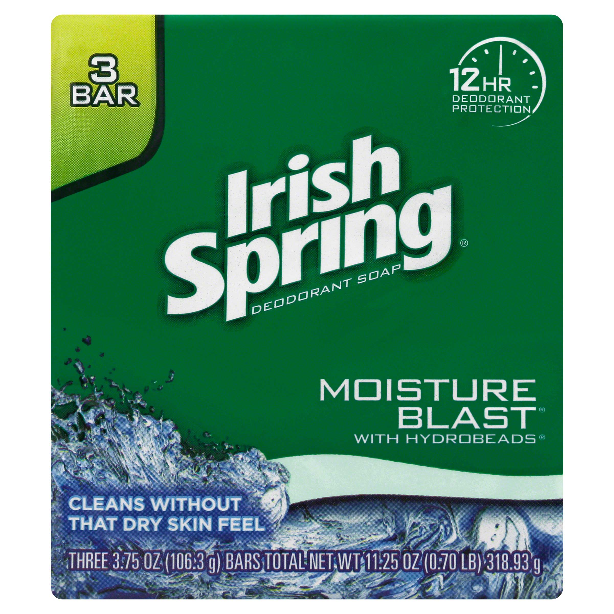 Irish Spring Moisture Blast Deodorant Bar Soap, 11.25 Ounce, 3 Count -- 18 Per Case