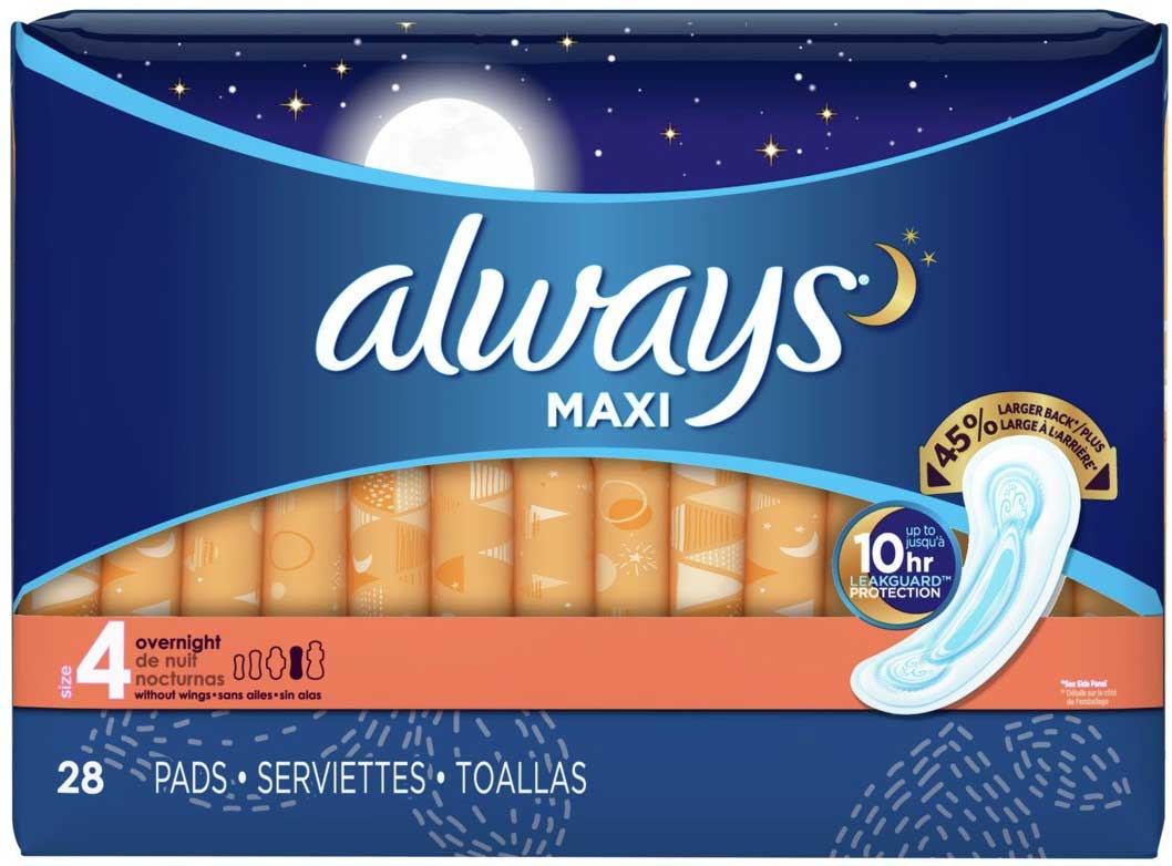 Always Overnight No Wing Maxi Pad, 28 count per pack -- 6 per case.