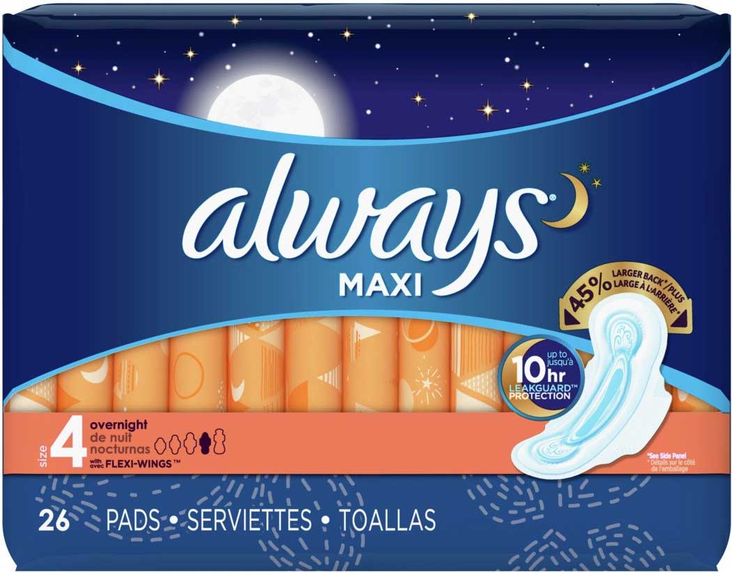 Always Overnight Maxi Pad with Wings, 26 count per pack -- 6 per case.