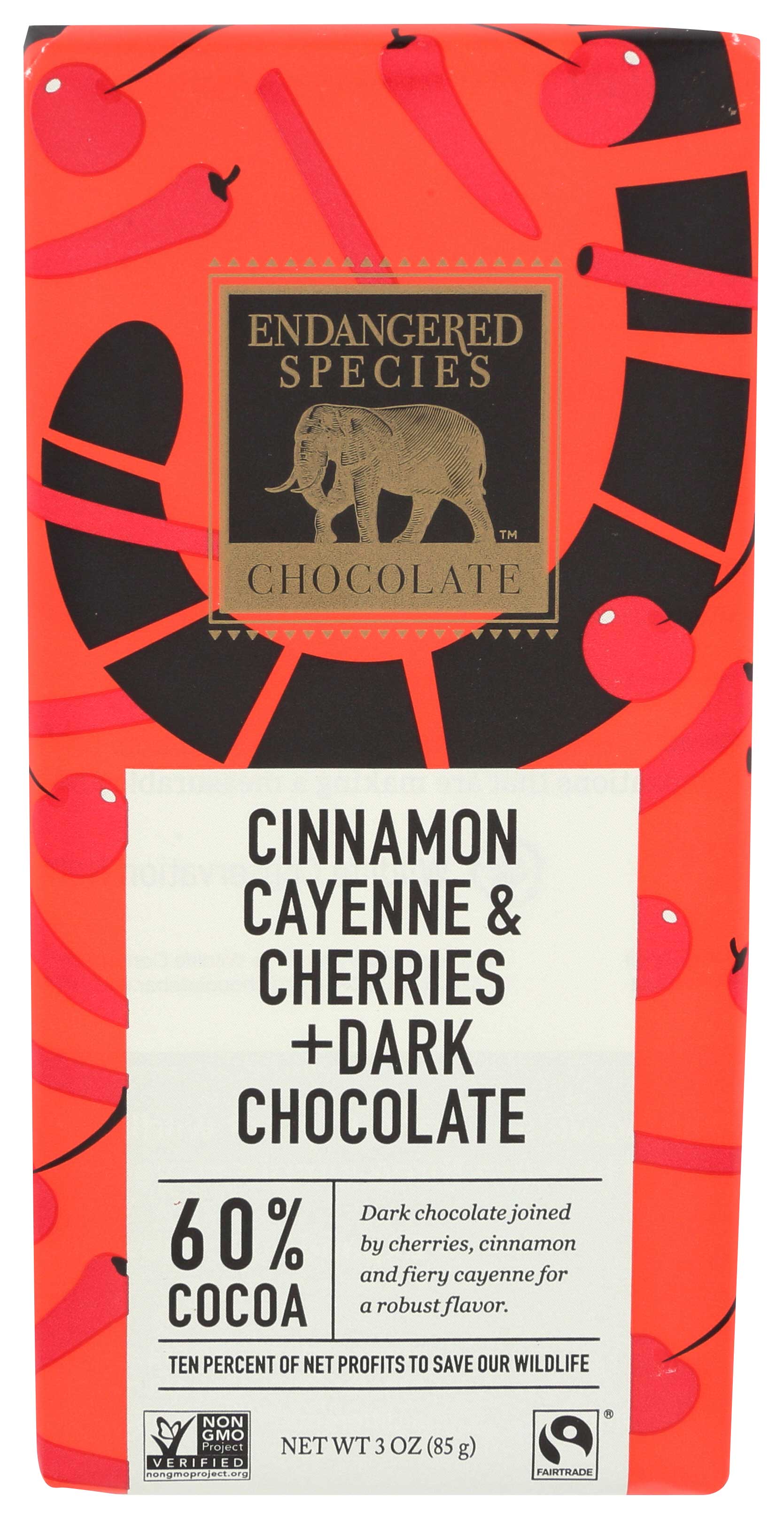Endangered Species Natural Dark Chocolate Bar With Cinnamon Cayenne And Cherries, 3 Ounce -- 12 Per Case