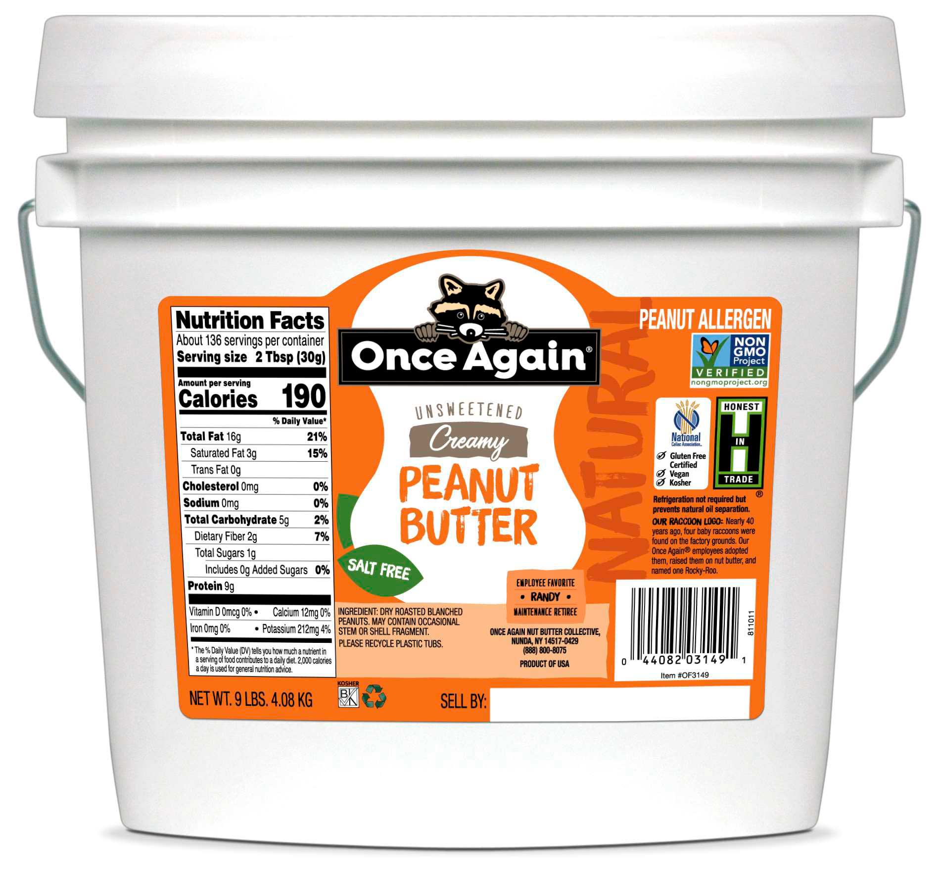 Once Again Natural No Salt Creamy Peanut Butter, 9 Pound