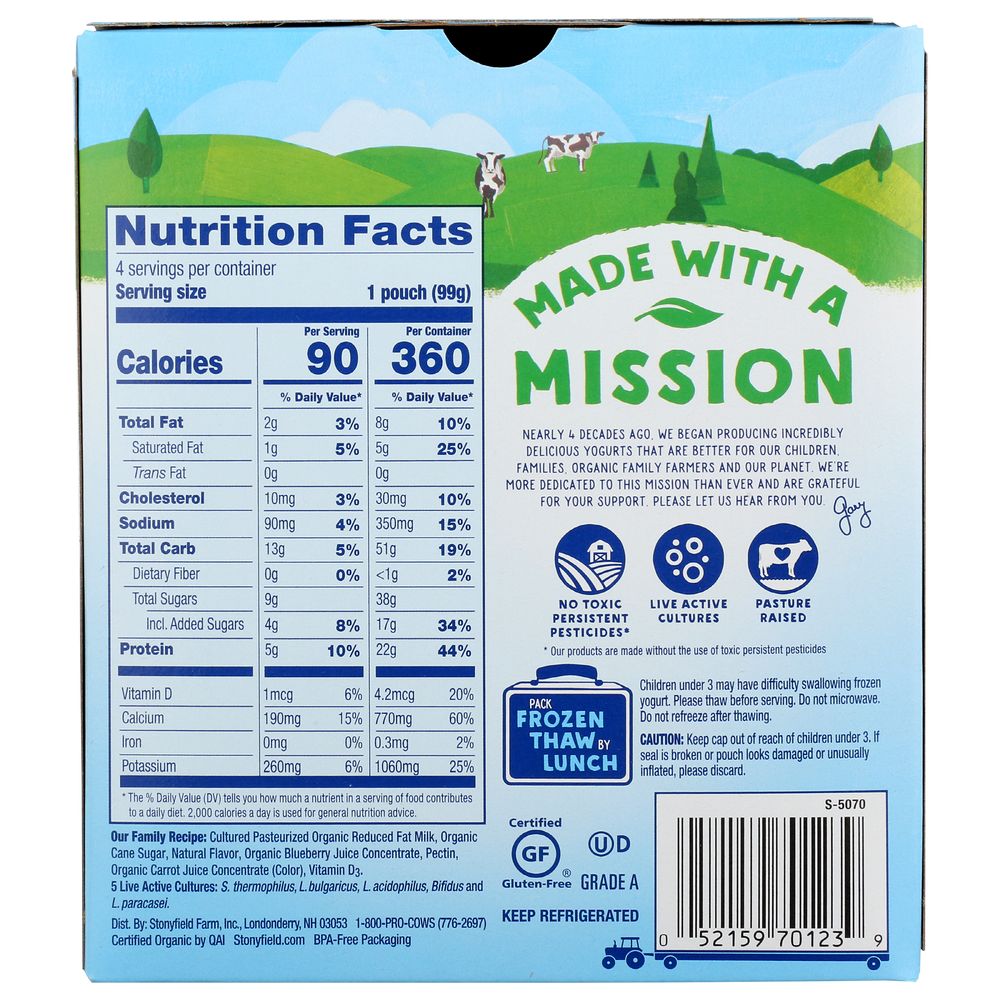 Stonyfield Yokids Organic Blueberry Low Fat Yogurt, 3.5 Ounce -- 24 Per Case