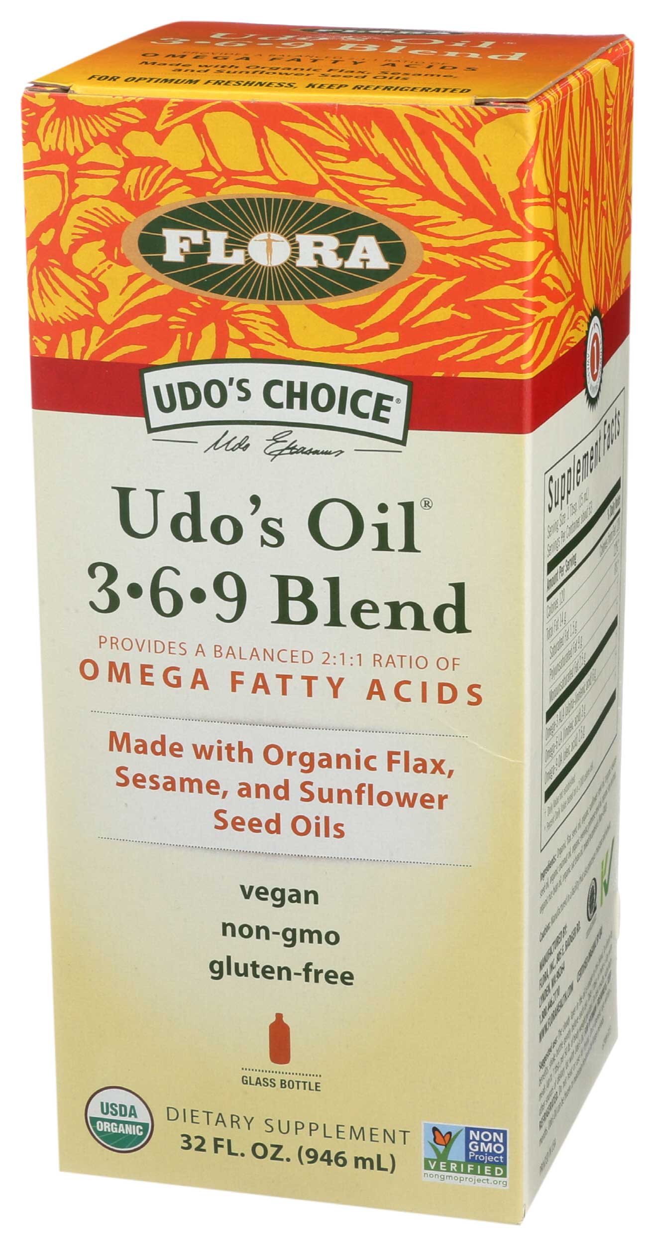 Flora Udos Oil Omega Fatty Acid Organic 369 Blend Dietary Supplement Oil, 32 Fluid Ounce