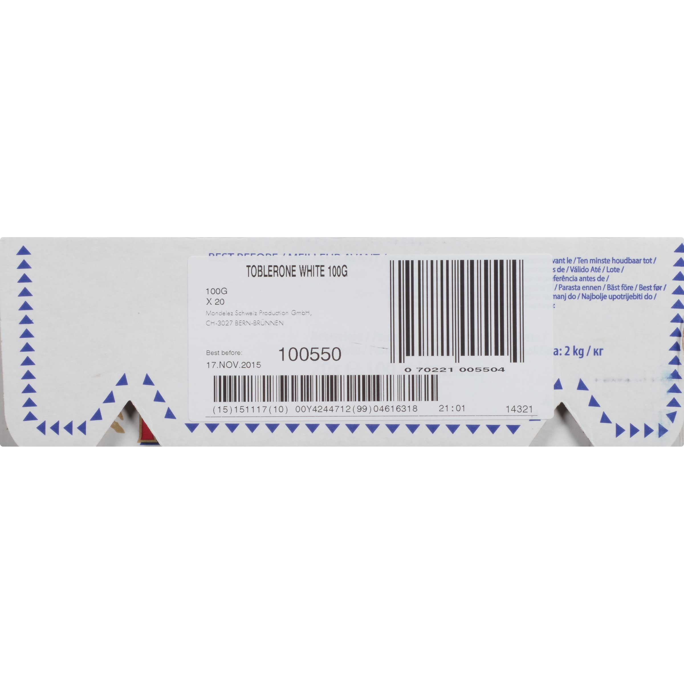 Toblerone White Chocolate Bar, 3.52 Ounce -- 80 Per Case