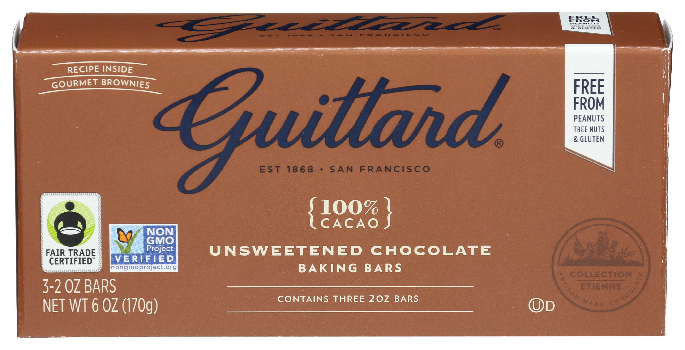 Guittard Unsweetened Chocolate Bar, 2 Ounce, 3 Count -- 12 Per Case