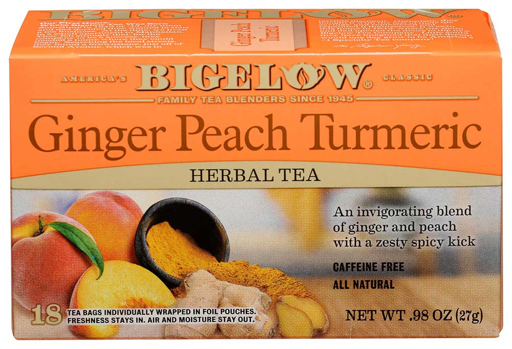 Bigelow Ginger Peach Turmeric Herbal Tea, 18 Tea Bags Count -- 6 Per Case