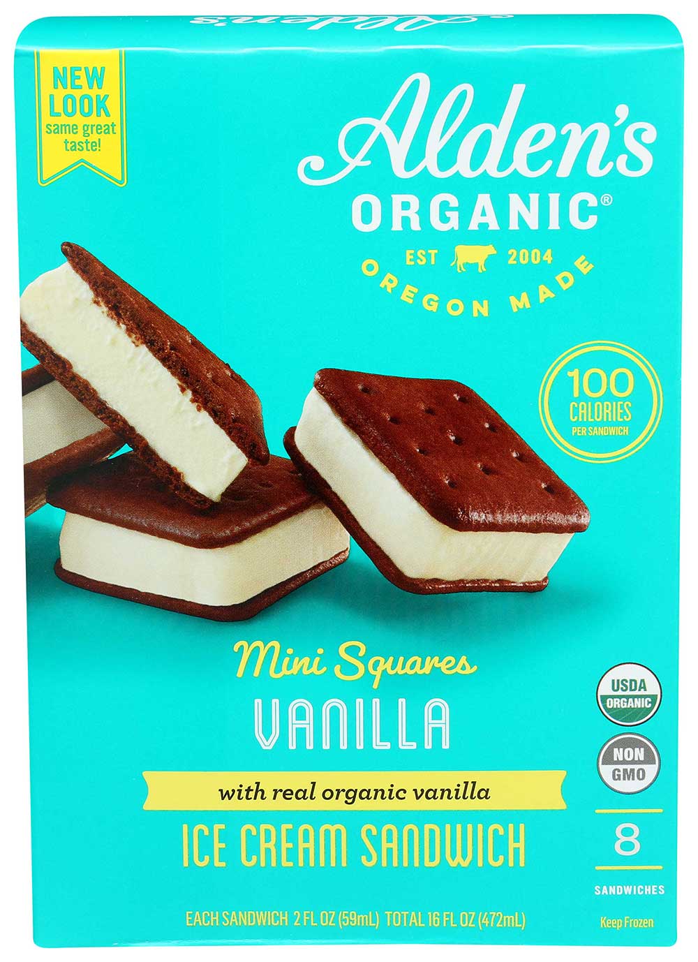 Alden's Organic Vanilla Mini Square Ice Cream Sandwich, 2 Fluid Ounce, 8 Count -- 12 Per Case