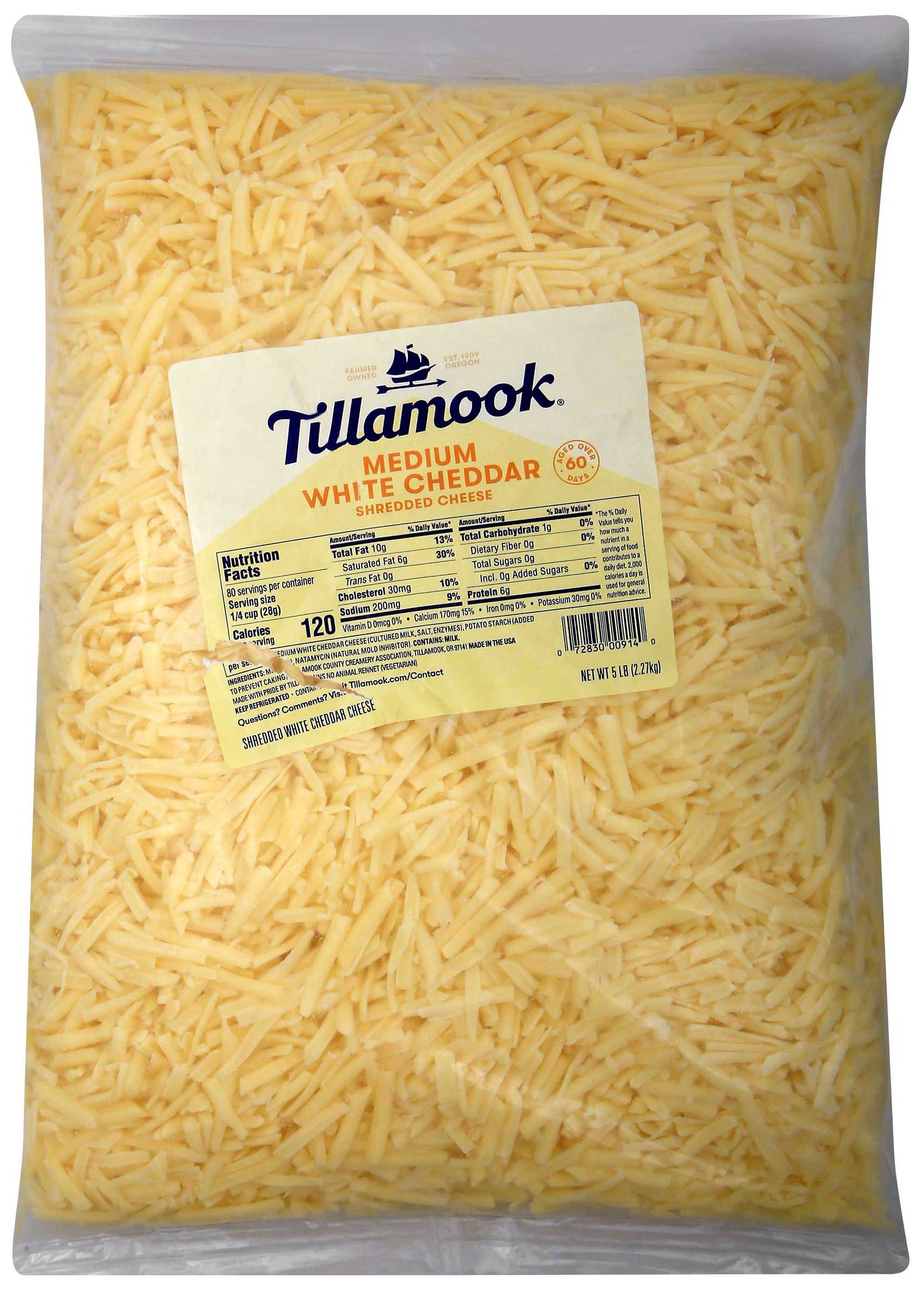 Tillamook White Medium Shredded Cheddar Cheese, 5 Pound -- 4 Per Case