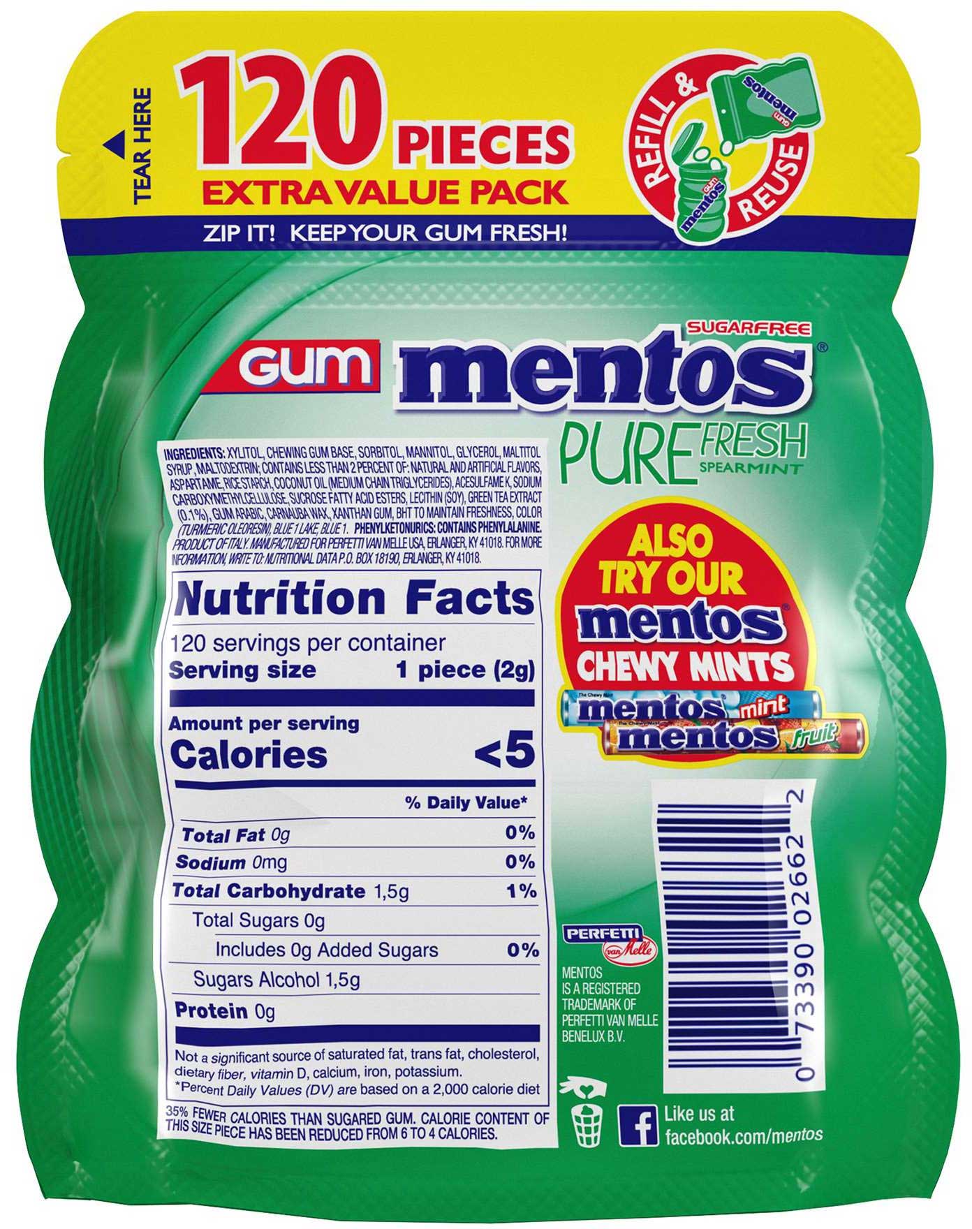 Mentos Pure Fresh Spearmint Sugarfree Gum, 120 Count -- 6 Per Case
