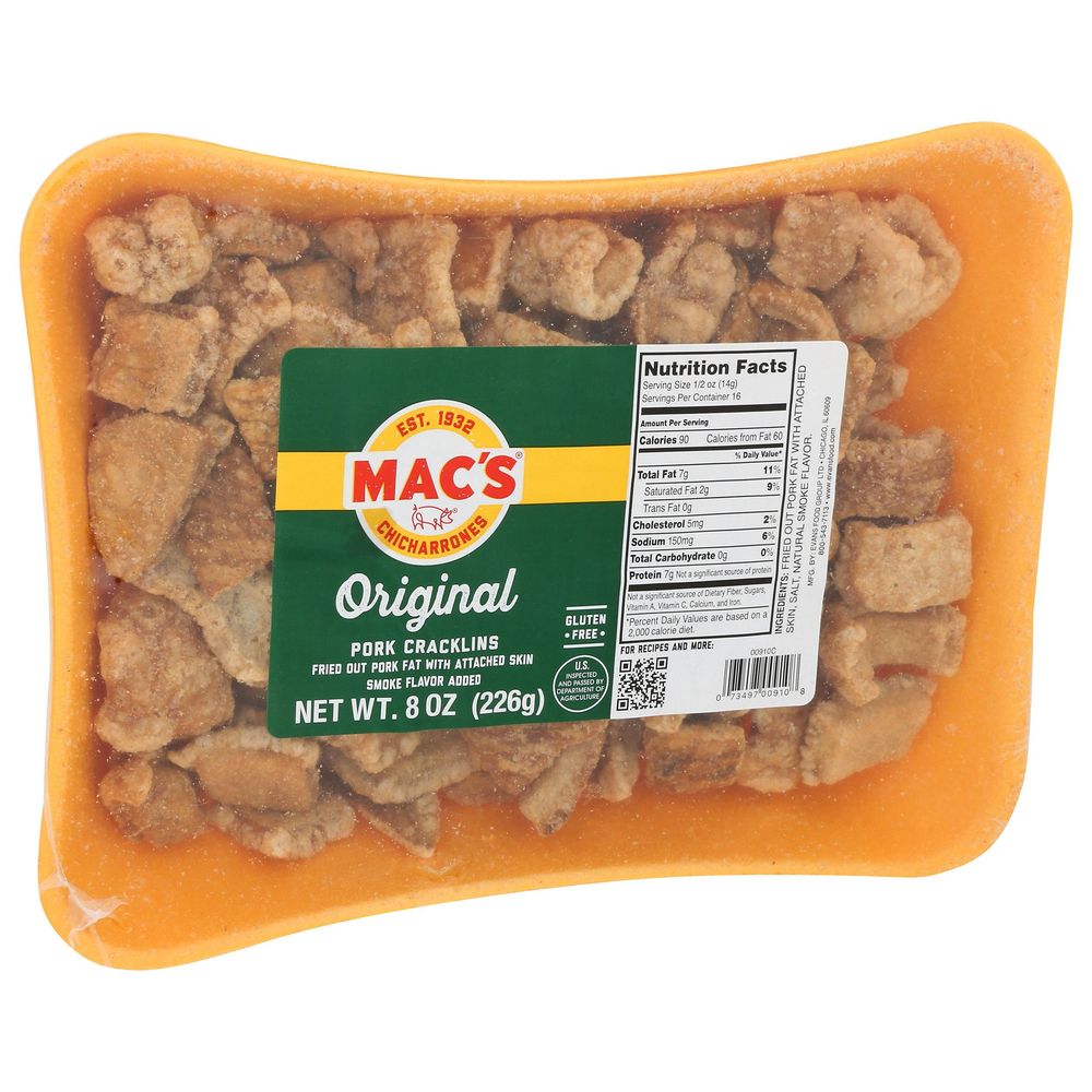 Macs Chicharrones Original Pork Cracklins, 8 Ounce Tray -- 12 Per Case