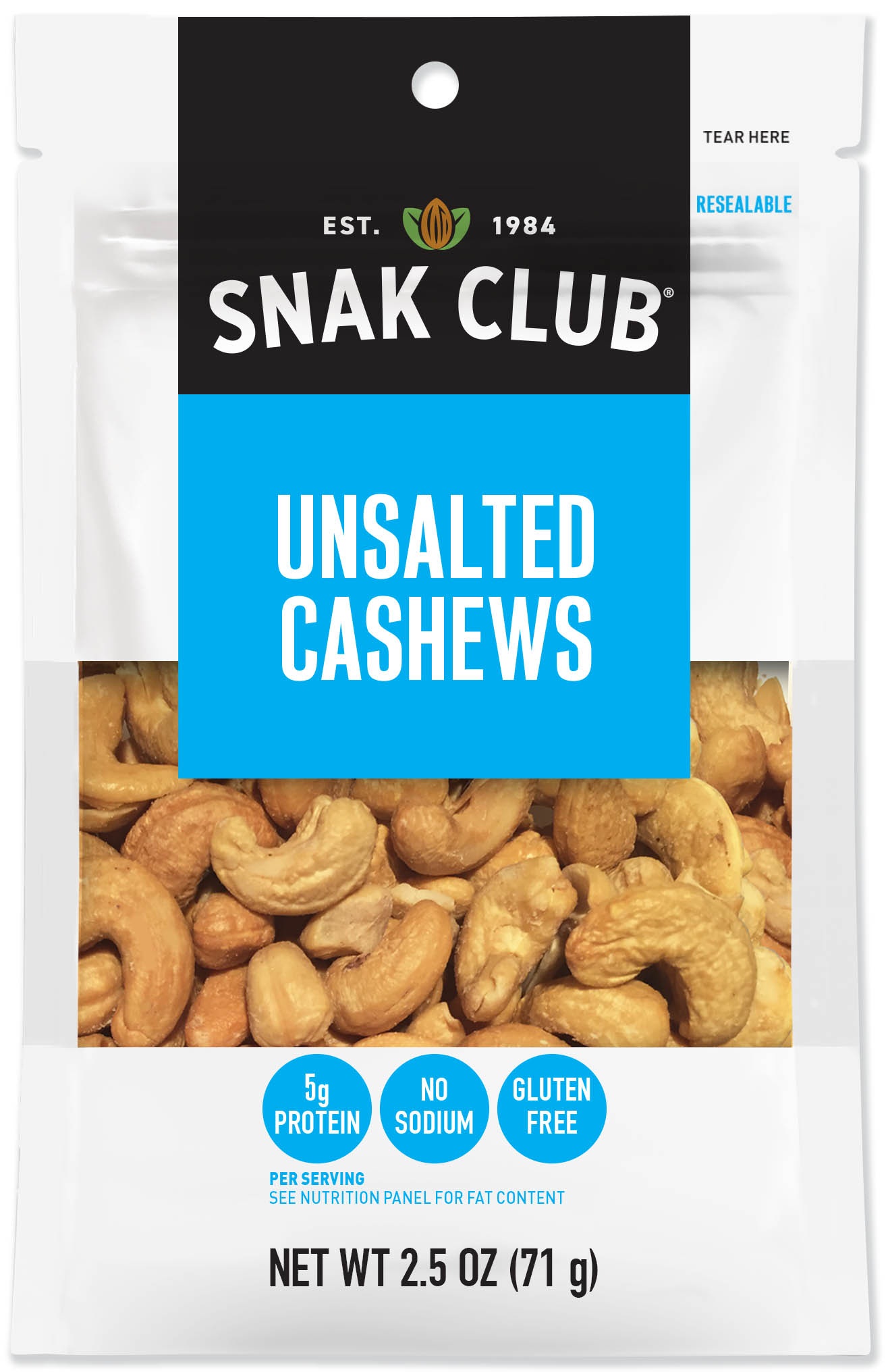 Snak Club Unsalted Cashews, 2.5 Ounce -- 6 Per Case