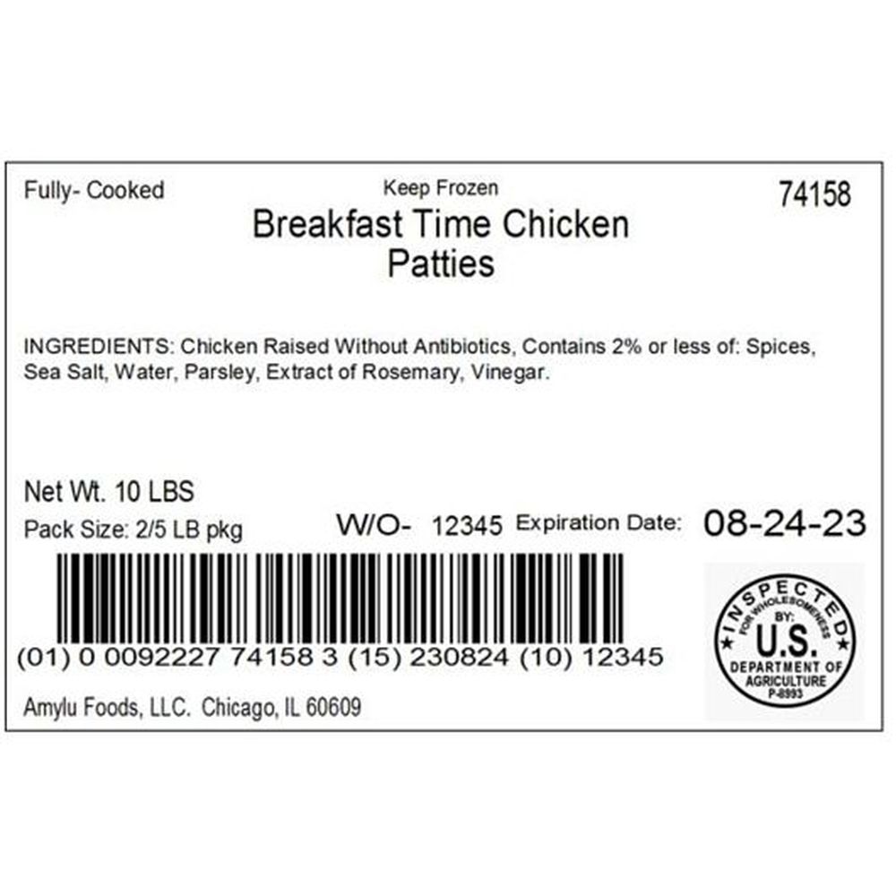 Sausages By Amylu Breakfast Time Chicken Patties, 10 Pound