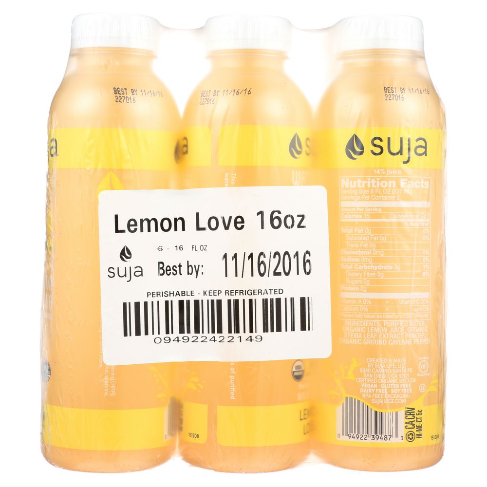 Suja Classic Organic Lemon Love Juice, 16 Fluid Ounce -- 6 per case.