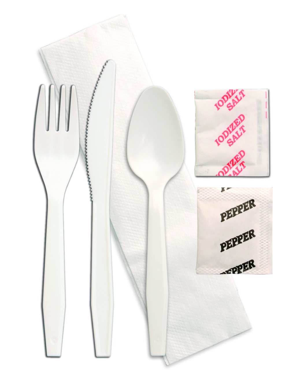 Senate Medium Weight White Polypropylene Knife Fork Spoon Napkin Salt and Pepper Kit -- 250 per case.