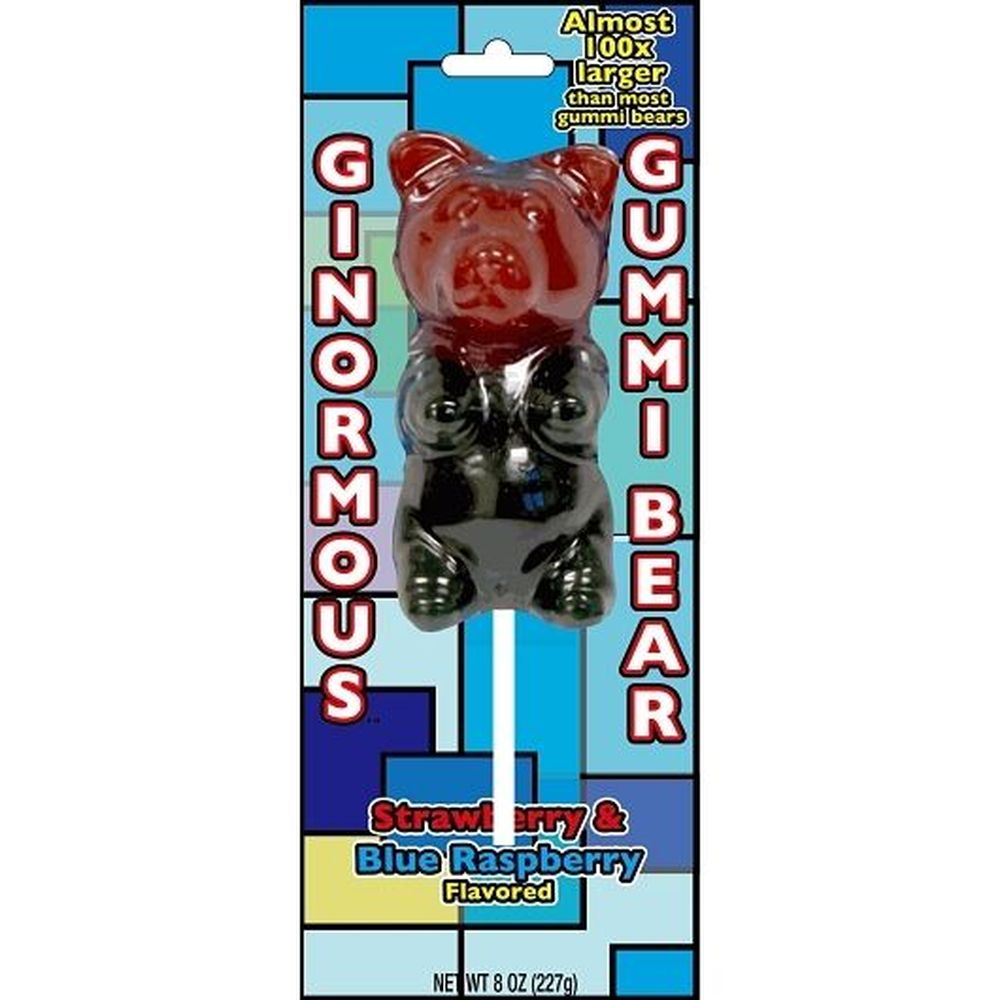 Ginormous Strawberry And Blue Raspberry Gummi Bears On A Stick, 8 Ounce -- 12 Per Case