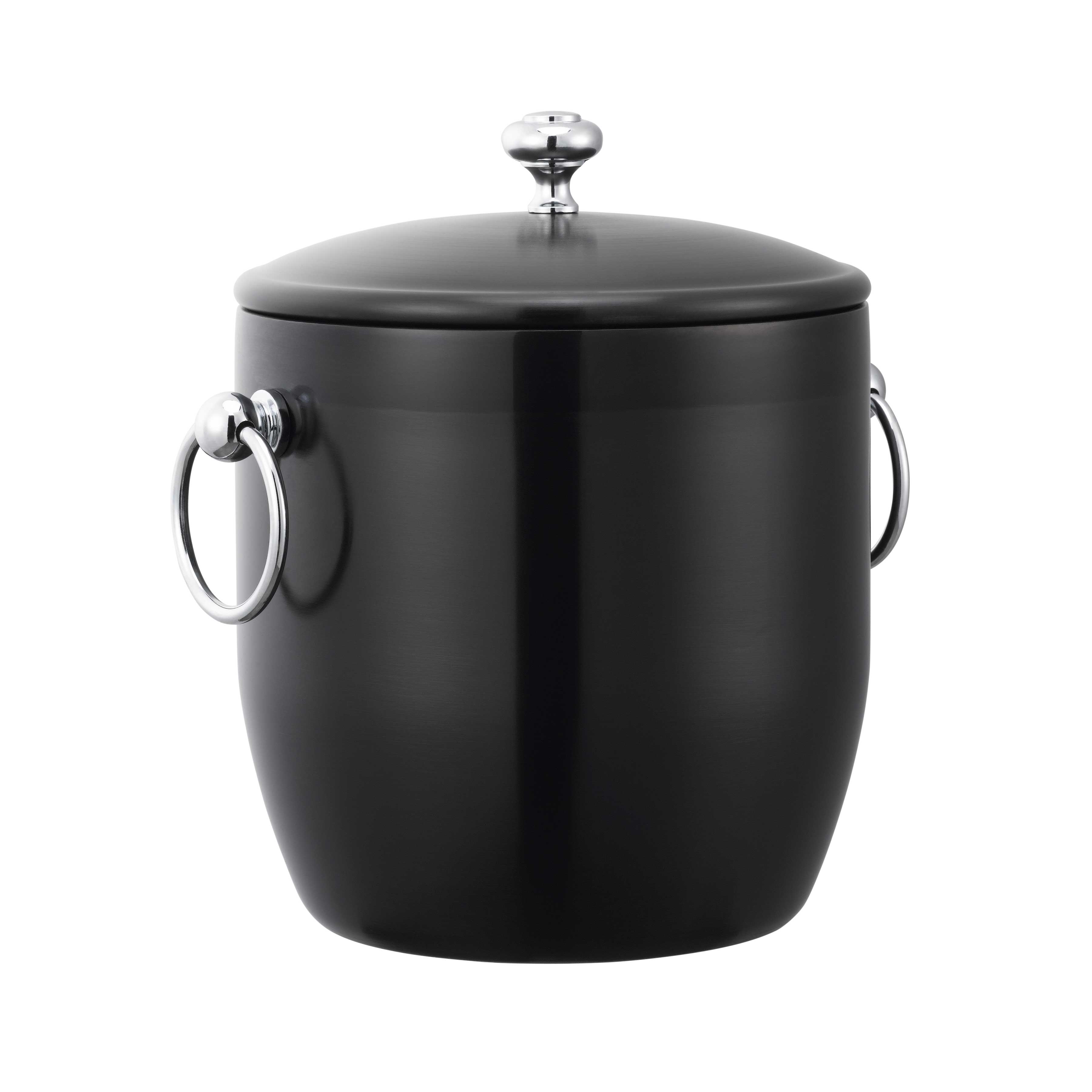 Service Ideas Elite Black Onyx Double Wall Stainless Ice Bucket With Drip Disk And Tongs, 3-liter Capacity