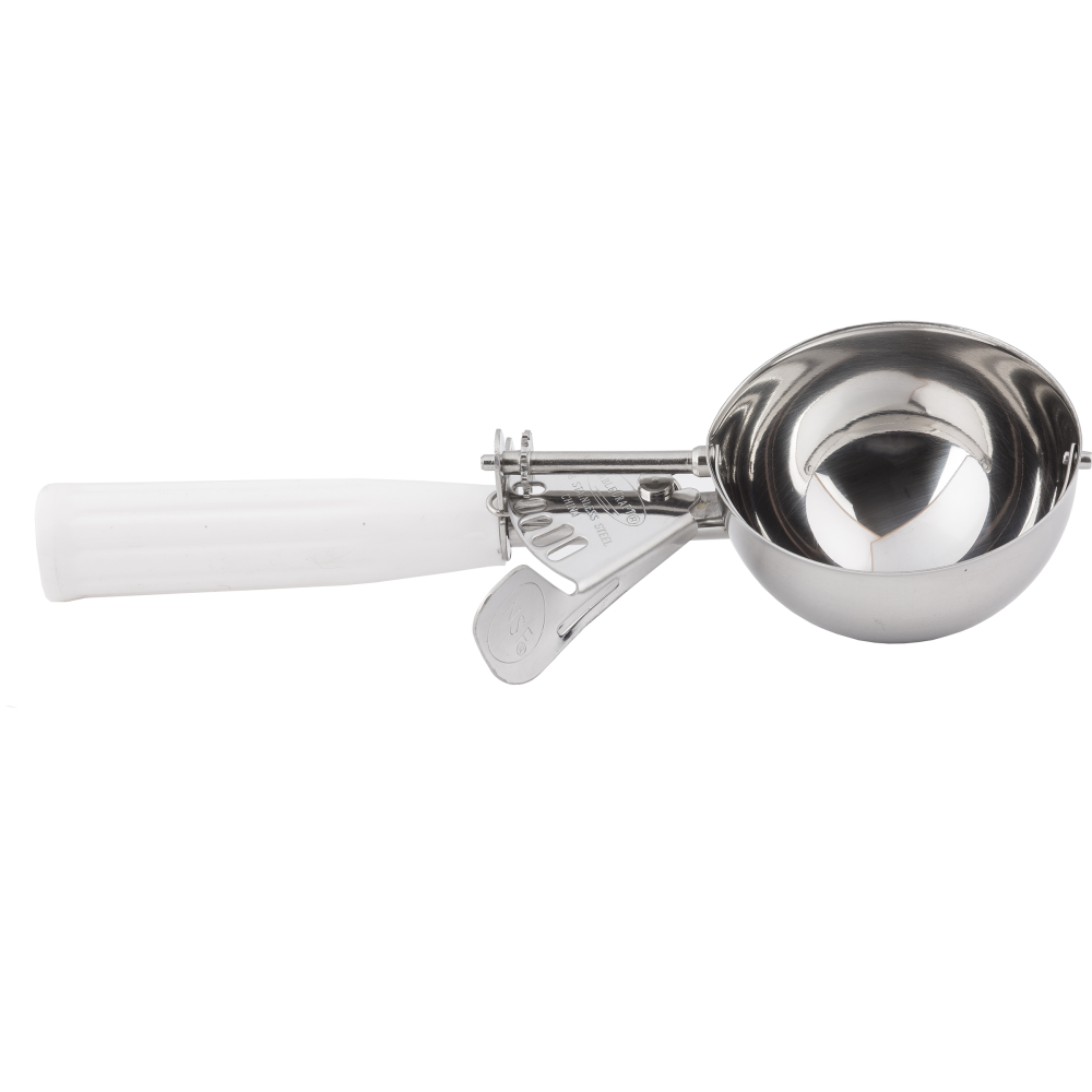 Tablecraft 18/8 Stainless Steel White Size 6 Thumb Press Ice Cream Food Disher With Polyethylene Handle, 5 Ounce Capacity