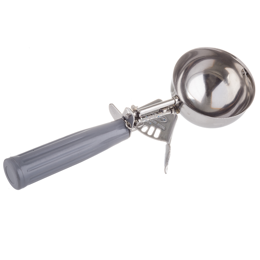 Tablecraft 18/8 Stainless Steel Gray Size 8 Thumb Press Ice Cream Food Disher With Polyethylene Handle, 4 Ounce Capacity