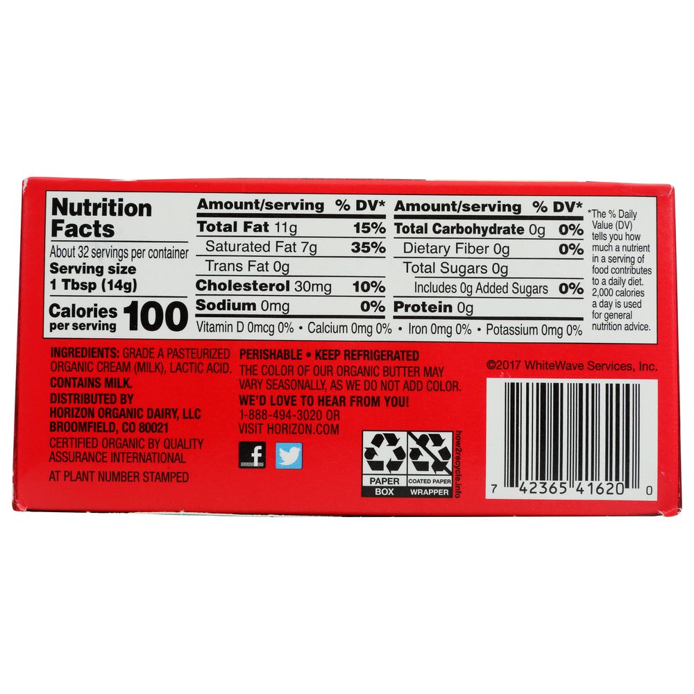 Horizon Organic Unsalted Butter Stick, 16 Ounce -- 15 Per Case