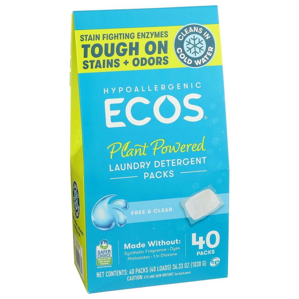 Ecos Free And Clear Plant Powered Laundry Detergent Packs, 40 Count -- 6 Per Case