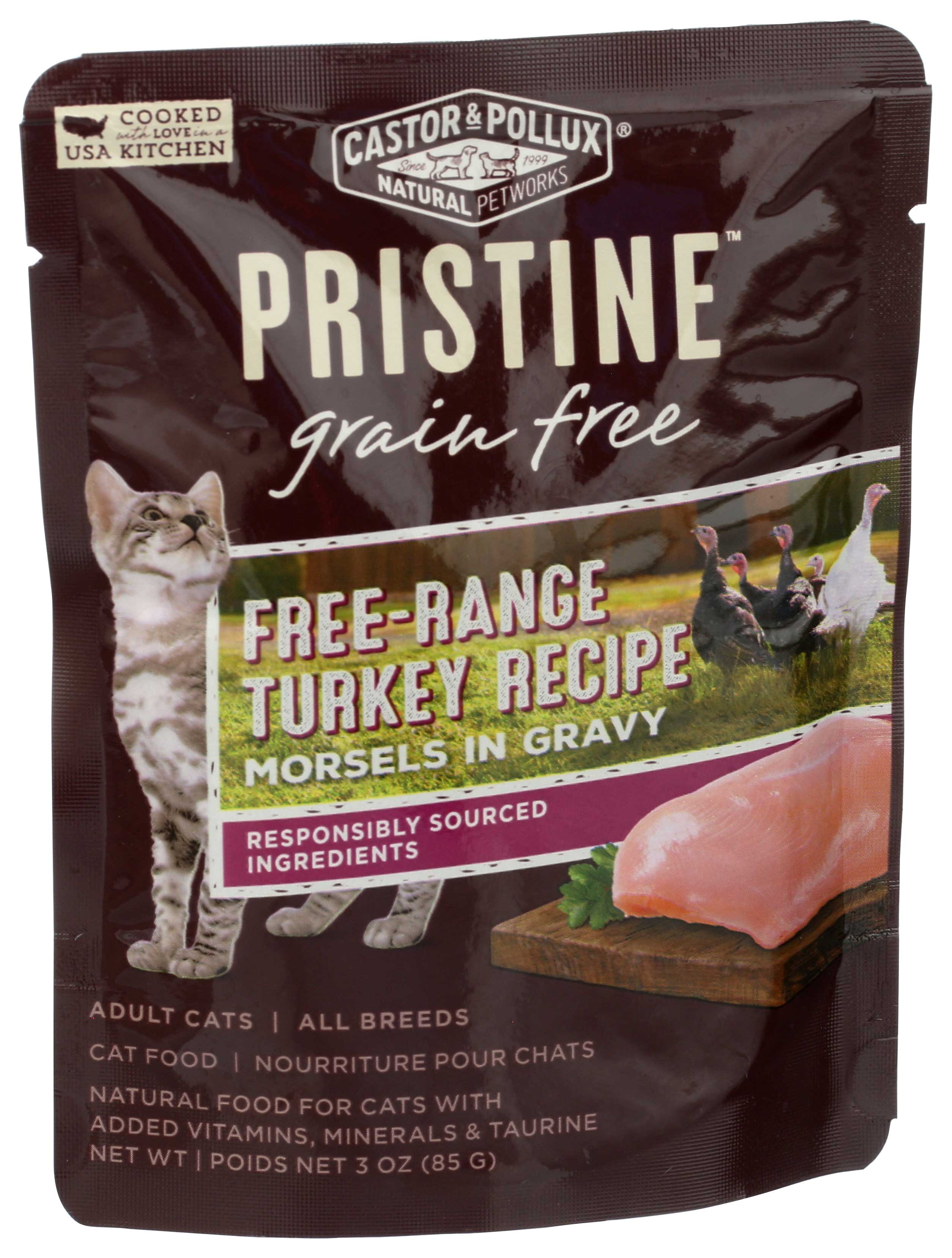 Castor and Pollux Pristine Grain Free Free Range Turkey Recipe Morsels in Gravy Wet Cat Food 3 Ounce 24 per case