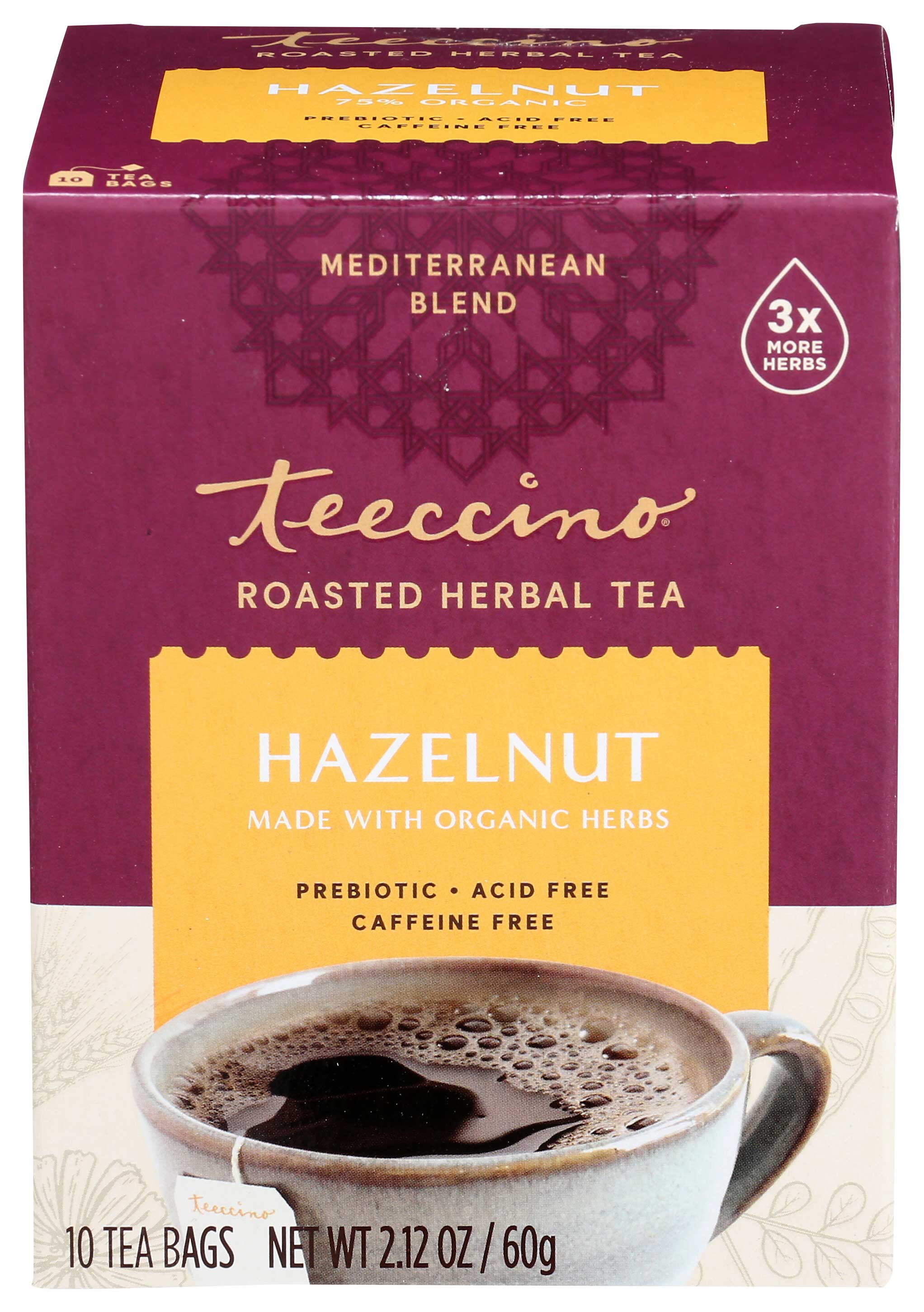 Teeccino Organic Mediterranean Hazelnut Coffee, 10 Tee Bags Count -- 6 Per Case
