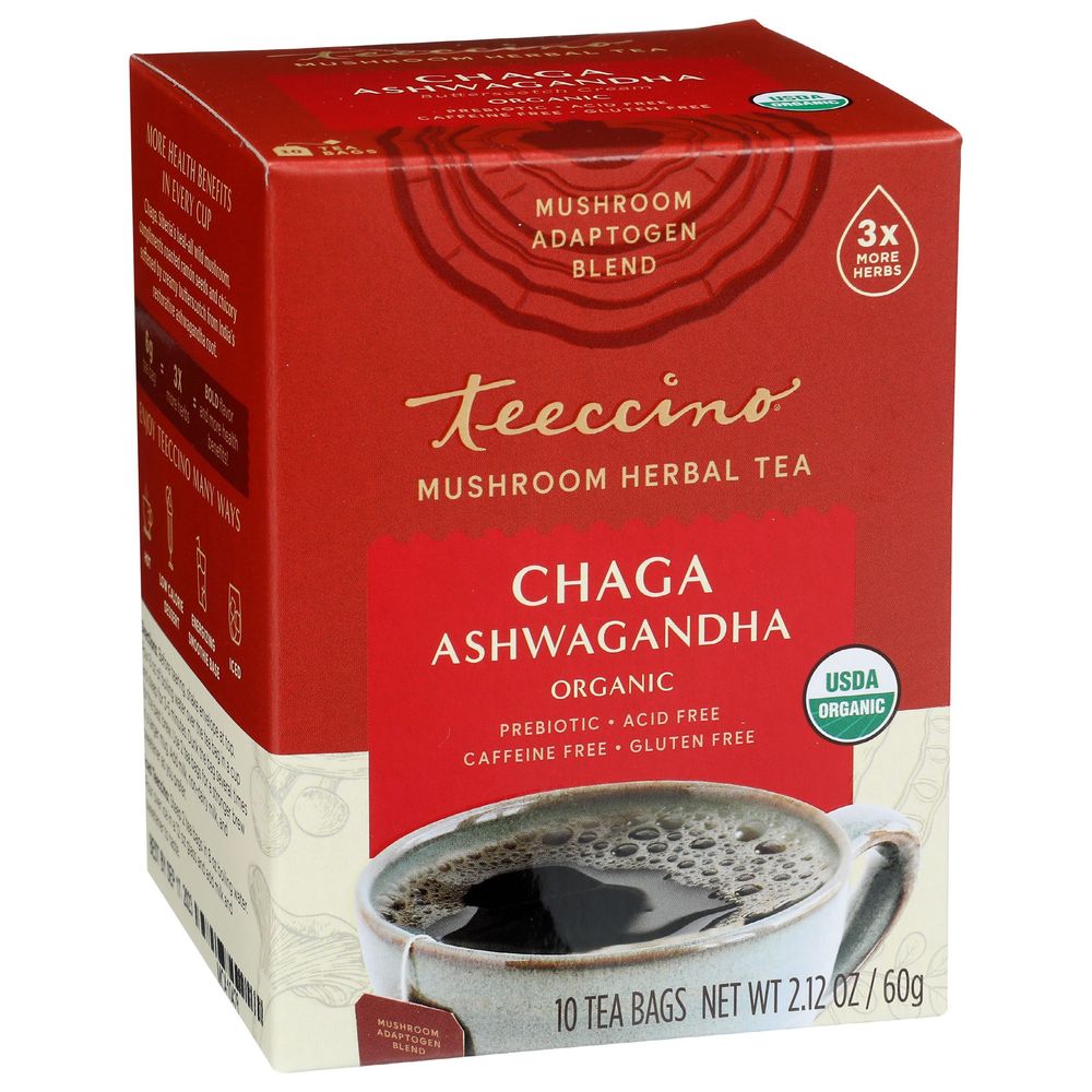 Teeccino Organic Chaga Ashwagandha Mushroom Herbal Tea, 10 Tea Bags -- 6 Per Case