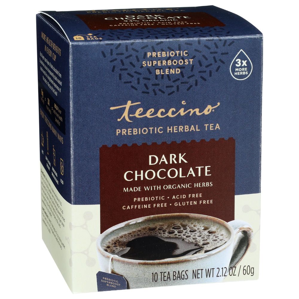 Teeccino Dark Chocolate Prebiotic Herbal Tea, 10 Tea Bags -- 6 Per Case