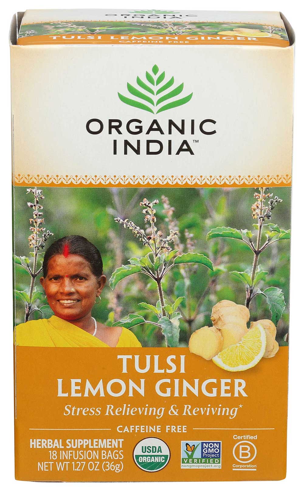 Organic India Lemon Ginger Tulsi Tea, 18 Count -- 6 Per Case