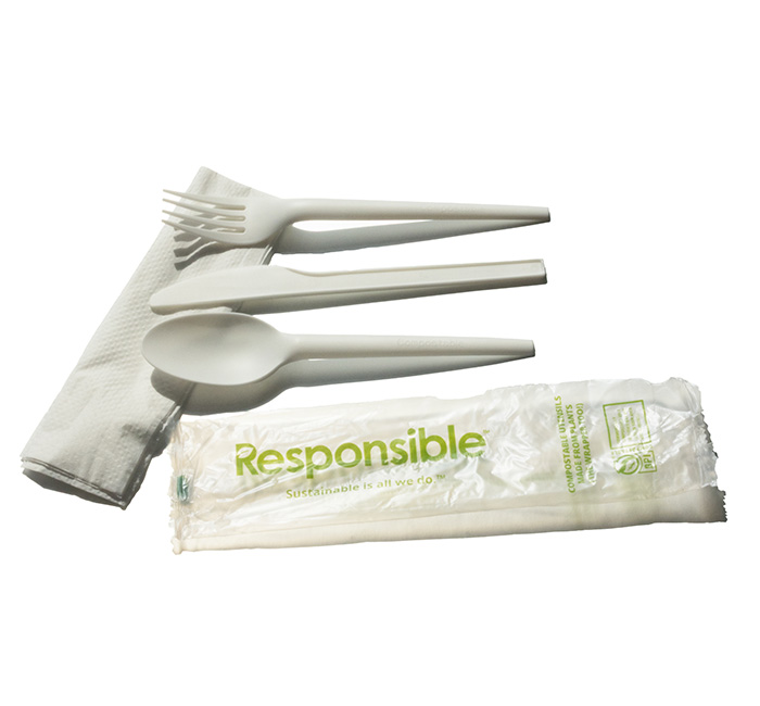 Kitch 24/7 Compostable White Fork Knife Spoon with Napkin Wrapped Kit -- 250 per case