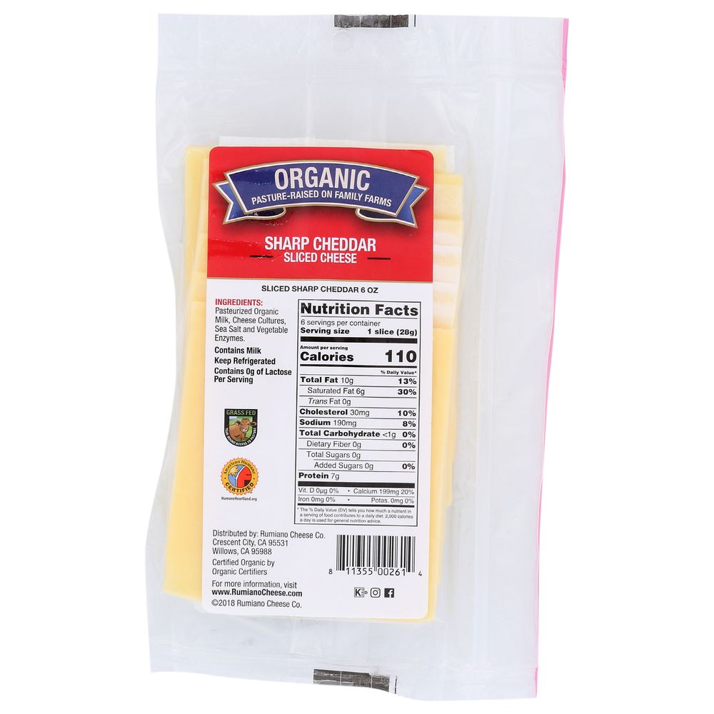 Rumiano Cheese Organic Sliced Sharp Cheddar Cheese, 6 Ounce -- 12 Per Case