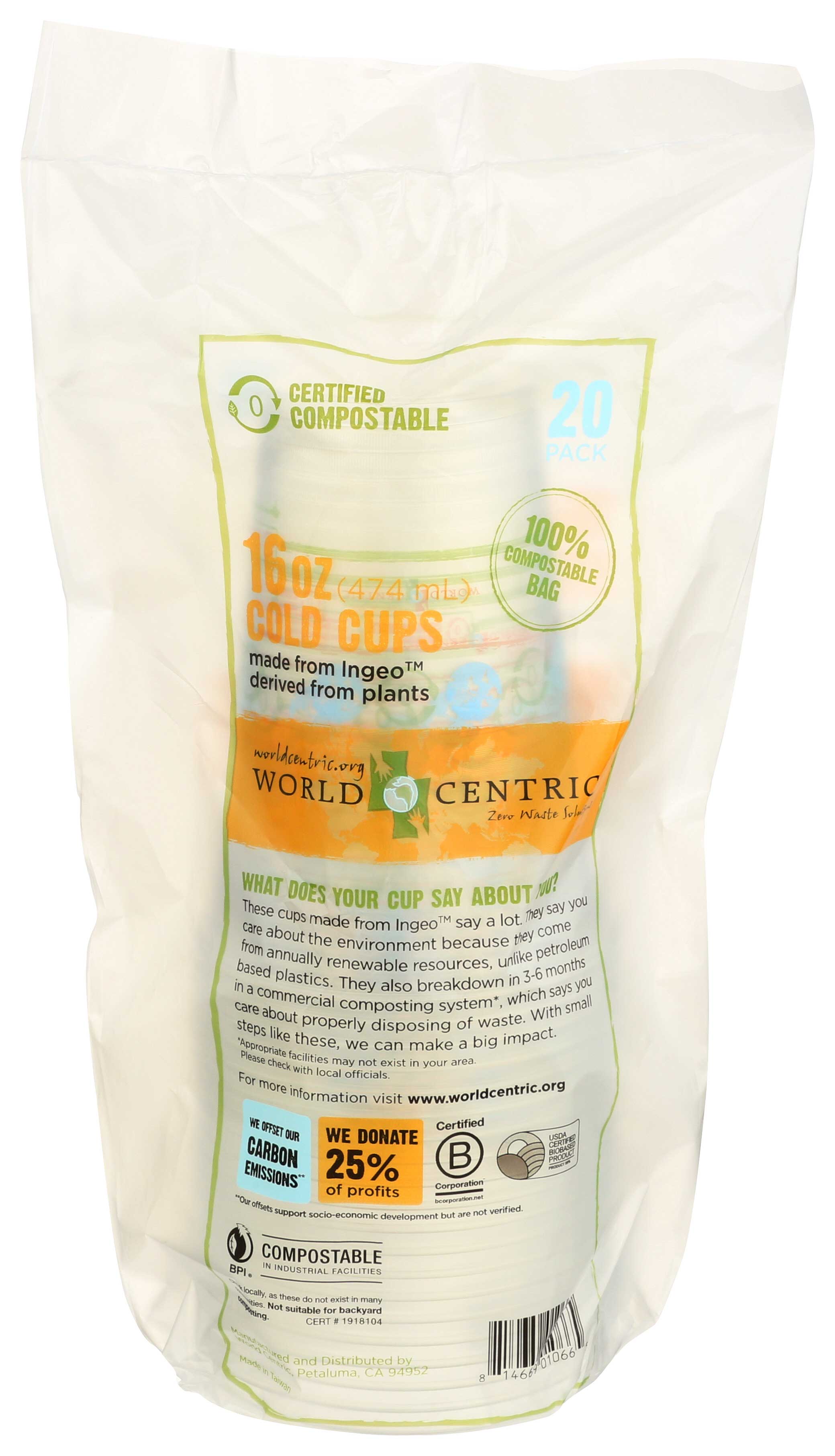 World Centric Compostable Clear Cold Cup, 16 Ounce -- 12 Per Case