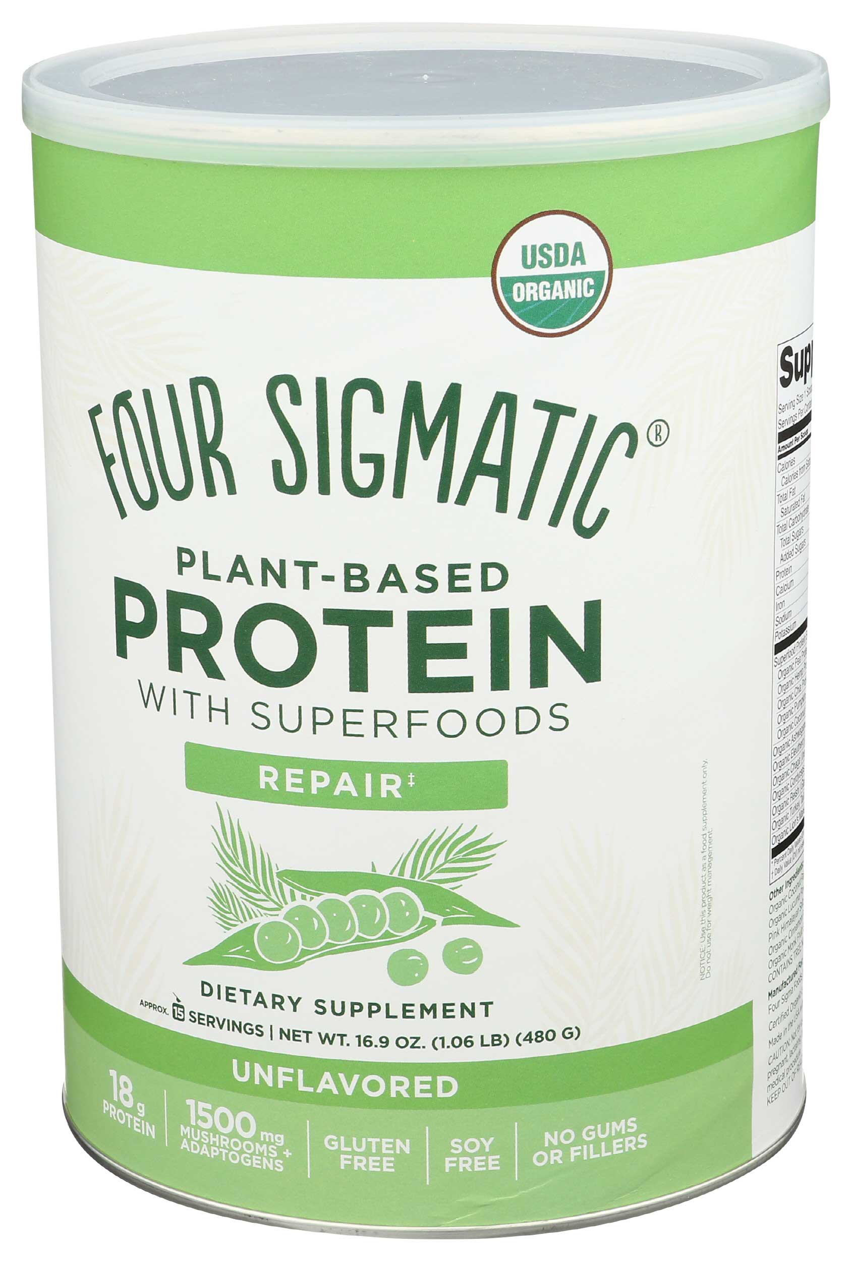 Four Sigmatic Organic Unflavored Plant Based Protein with Superfood, 16.9 Ounce