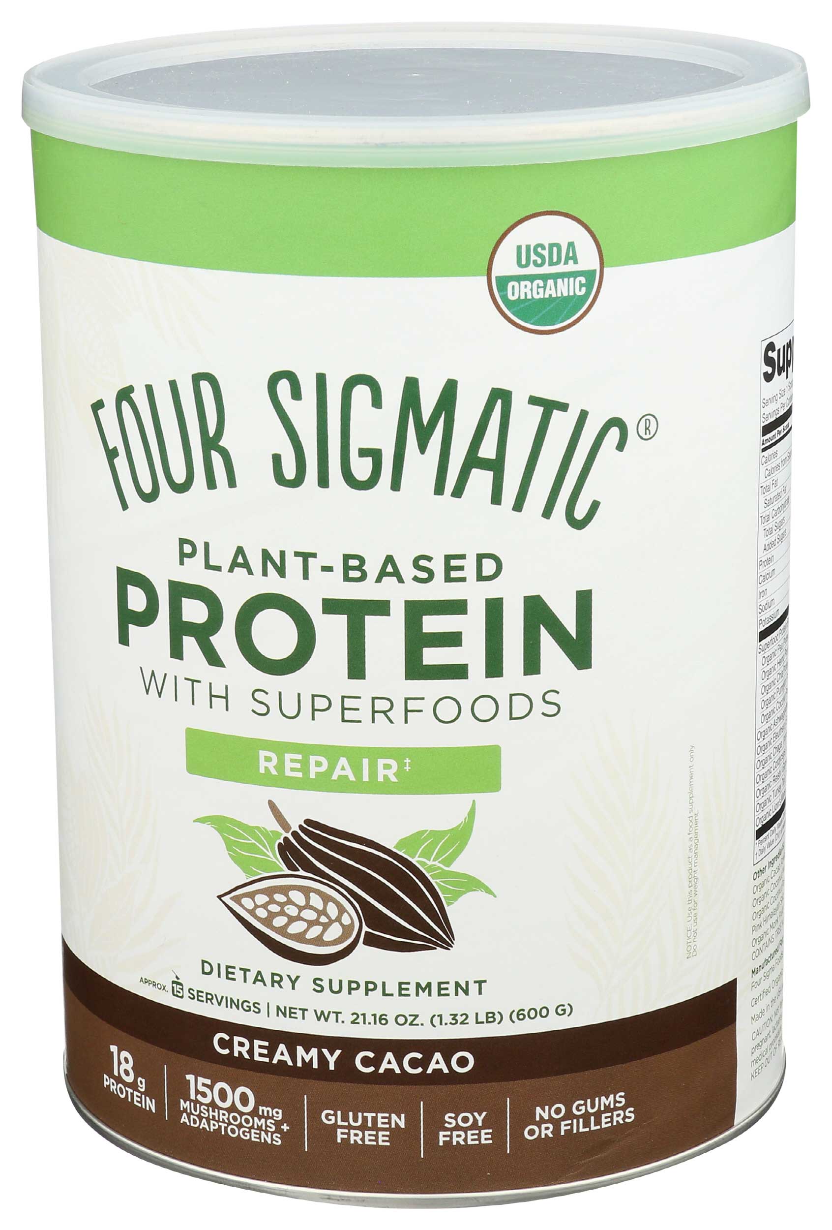 Four Sigmatic Organic Plant Based Creamy Cacao Protein Dietary Supplement, 21.16 Ounce