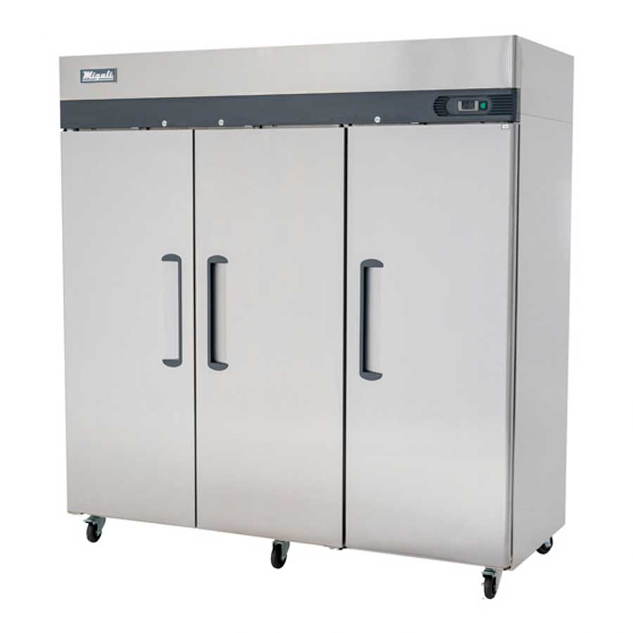 Migali Stainless Steel 3 Door Reach-In Freezer with 9 Adjustable Shelves, 77.8 inch Width x 33.2 inch Depth x 83.8 inch Height