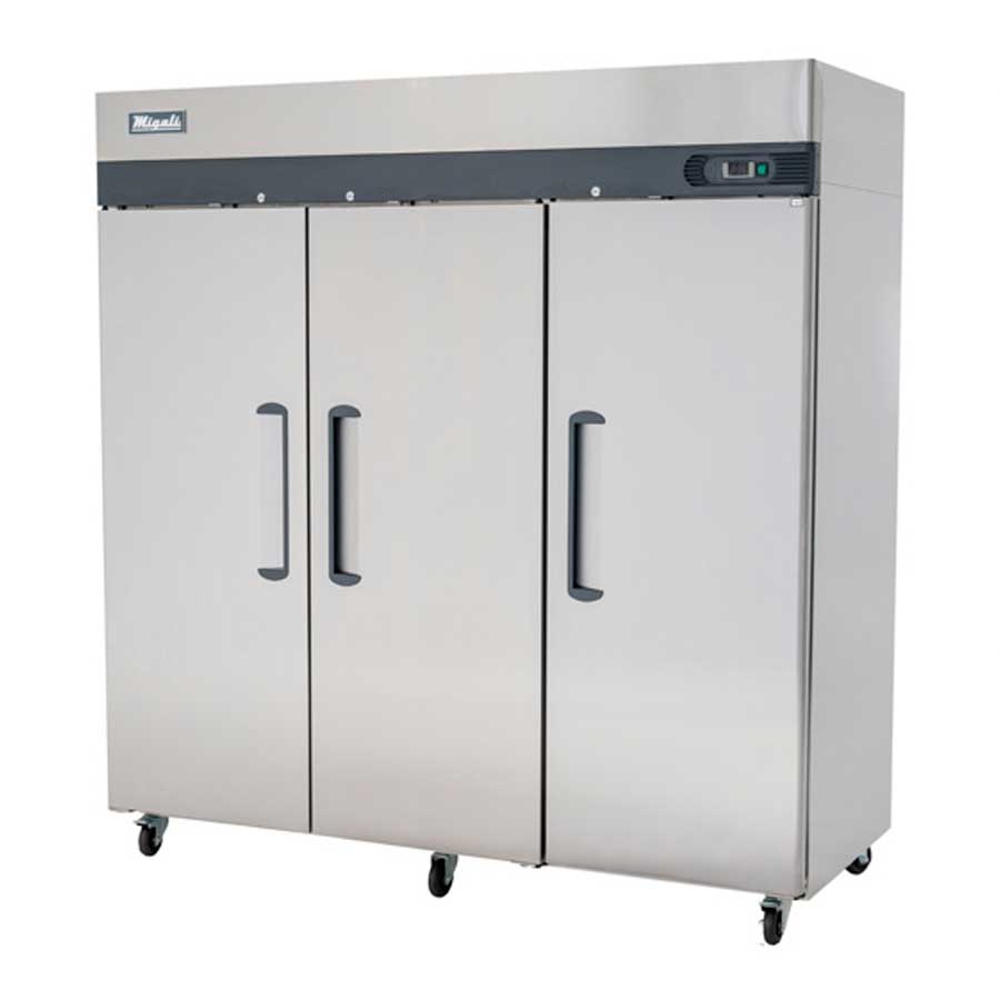 Migali Stainless Steel 3 Door Reach-In Refrigerator with 9 Adjustable Shelves, 77.8 inch Width x 33.2 inch Depth x 83.8 inch Height