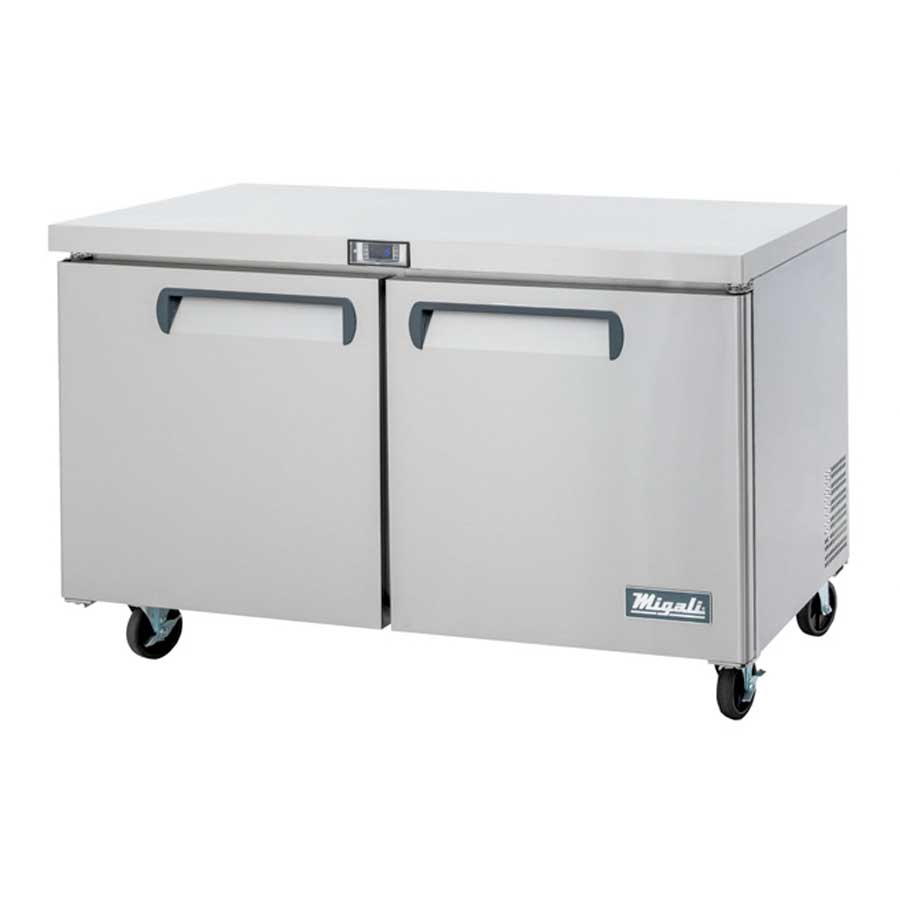 Migali Stainless Steel 2 Door Under Counter and Work Top Freezer with 2 Adjustable Shelves, 60.2 inch Width x 30 inch Depth x 37.25 inch Height