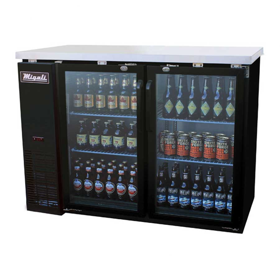 Migali 2 Glass Door Back Bar Refrigerator with 4 Shelves, 48.75 inch Width x 24.4 inch Depth x 35.75 inch Height
