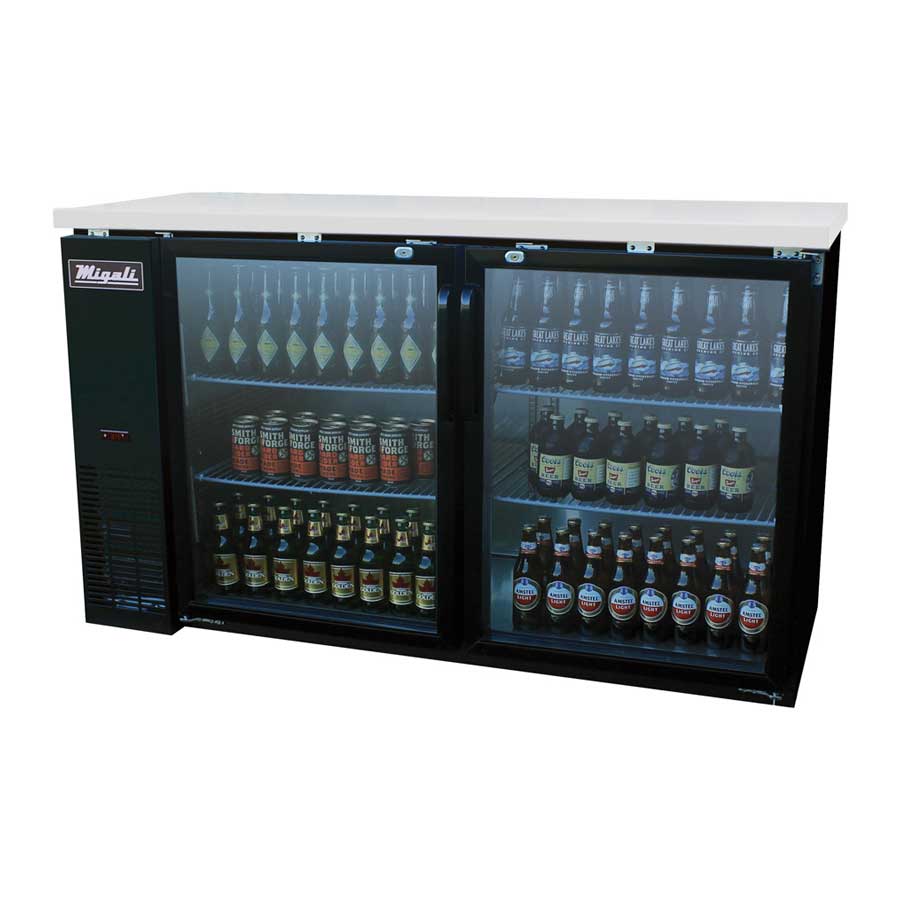 Migali 2 Glass Door Back Bar Refrigerator with 4 Shelves, 60.8 inch Width x 24.4 inch Depth x 35.75 inch Height