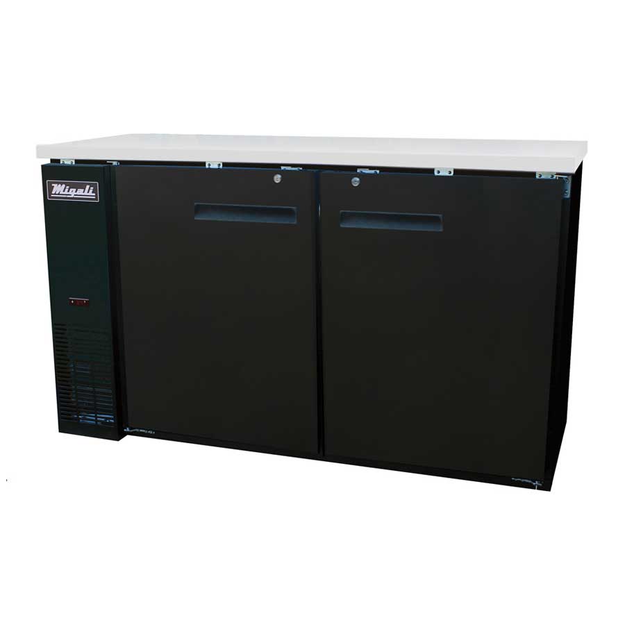 Migali 2 Solid Door Back Bar Refrigerator with 4 Shelves, 60.8 inch Width x 24.4 inch Depth x 35.75 inch Height