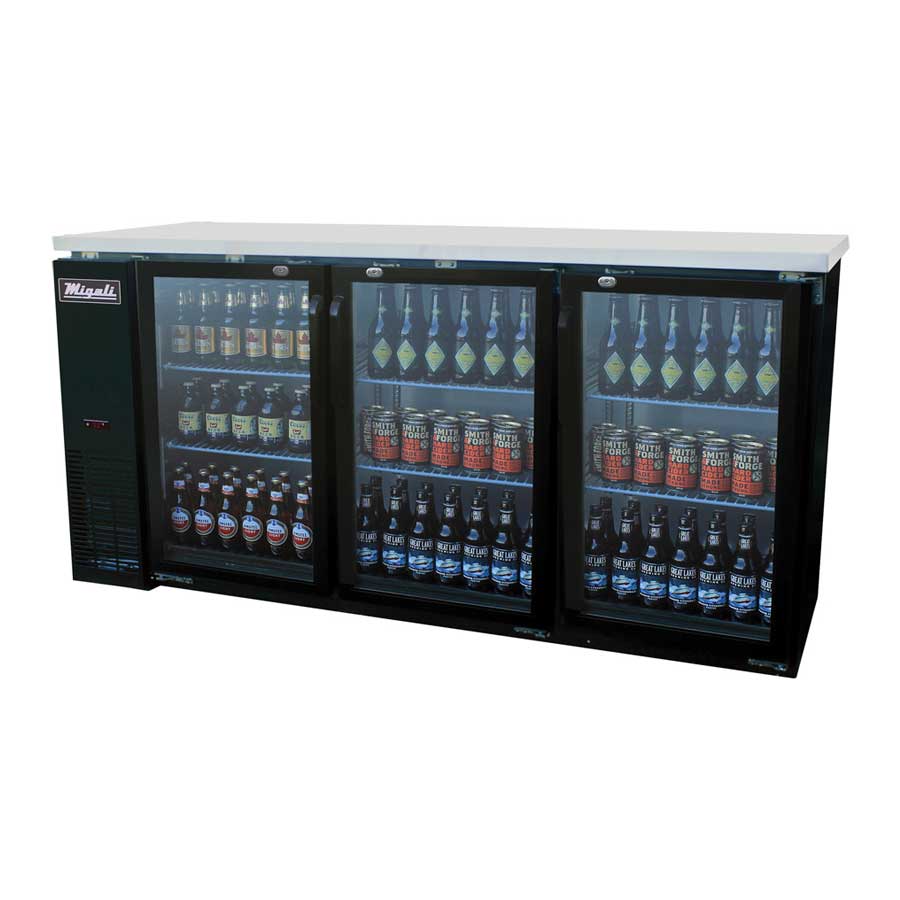 Migali 3 Glass Door Back Bar Refrigerator with 6 Shelves, 72.8 inch Width x 24.4 inch Depth x 35.75 inch Height