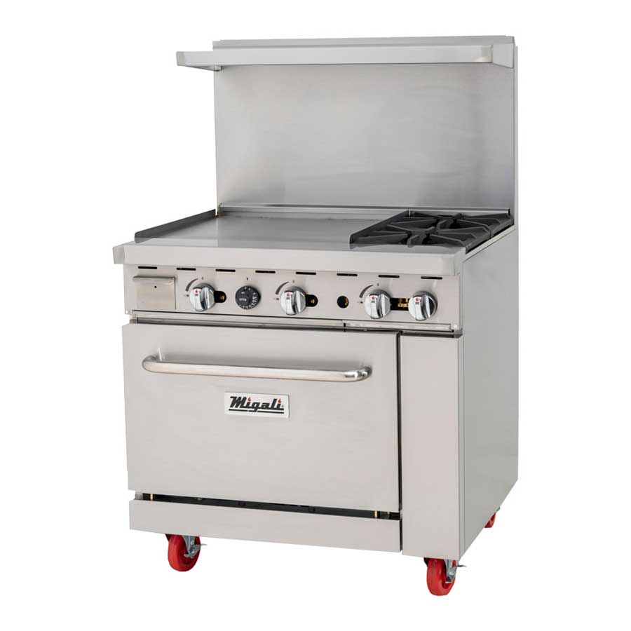 Migali Natural Gas 2 Burners Range with 1 Oven and 24inch Griddle Left Side, 36 inch Width x 31 inch Depth x 56.4 inch Height