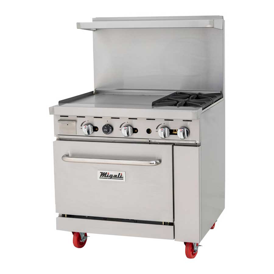 Migali Liquid Propane 2 Burners Range with 1 Oven and 24 inch Griddle Left Side, 36 inch Width x 31 inch Depth x 56.4 inch Height